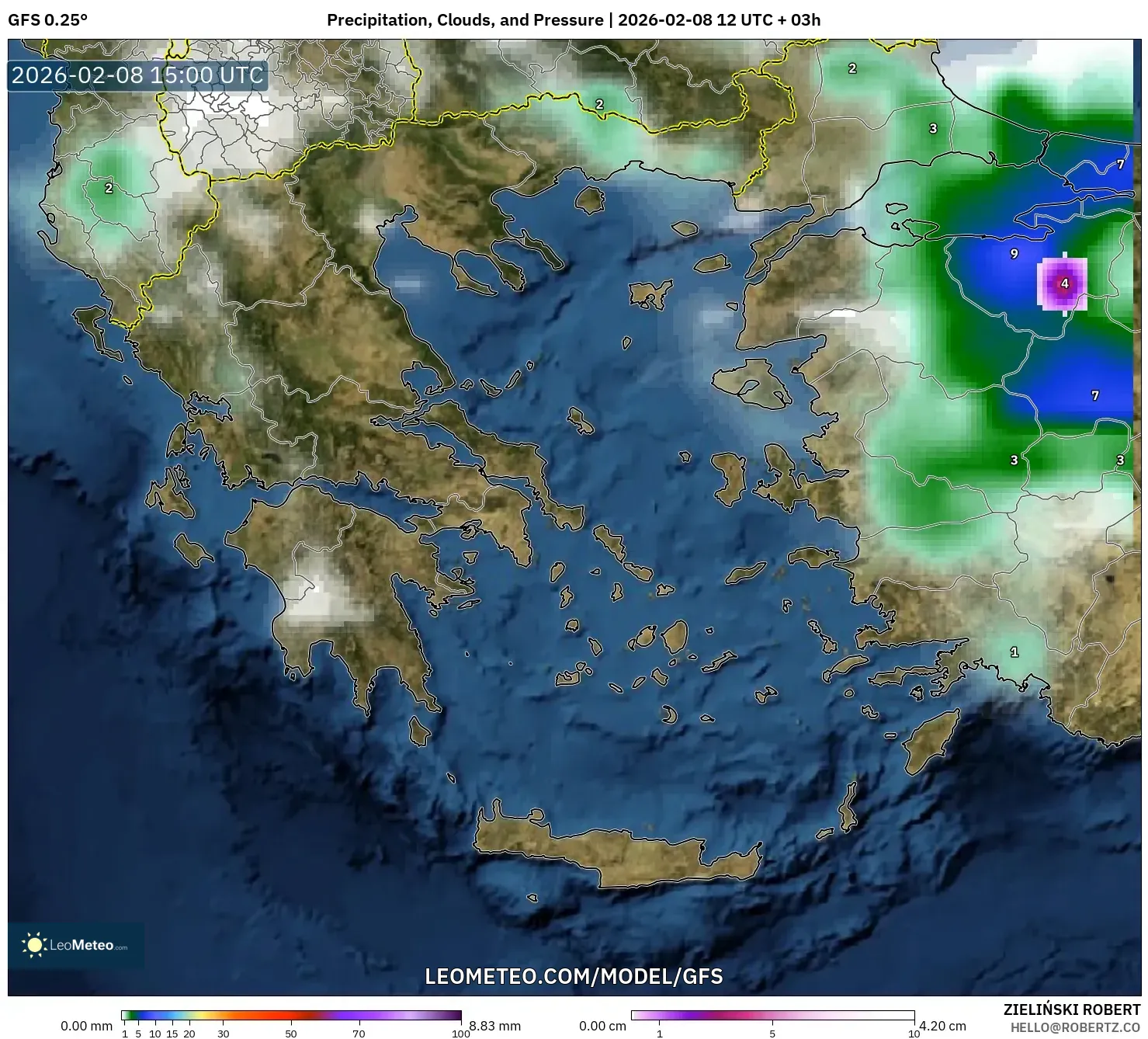 GFS model - Greece, Precipitation, Clouds, and Pressure