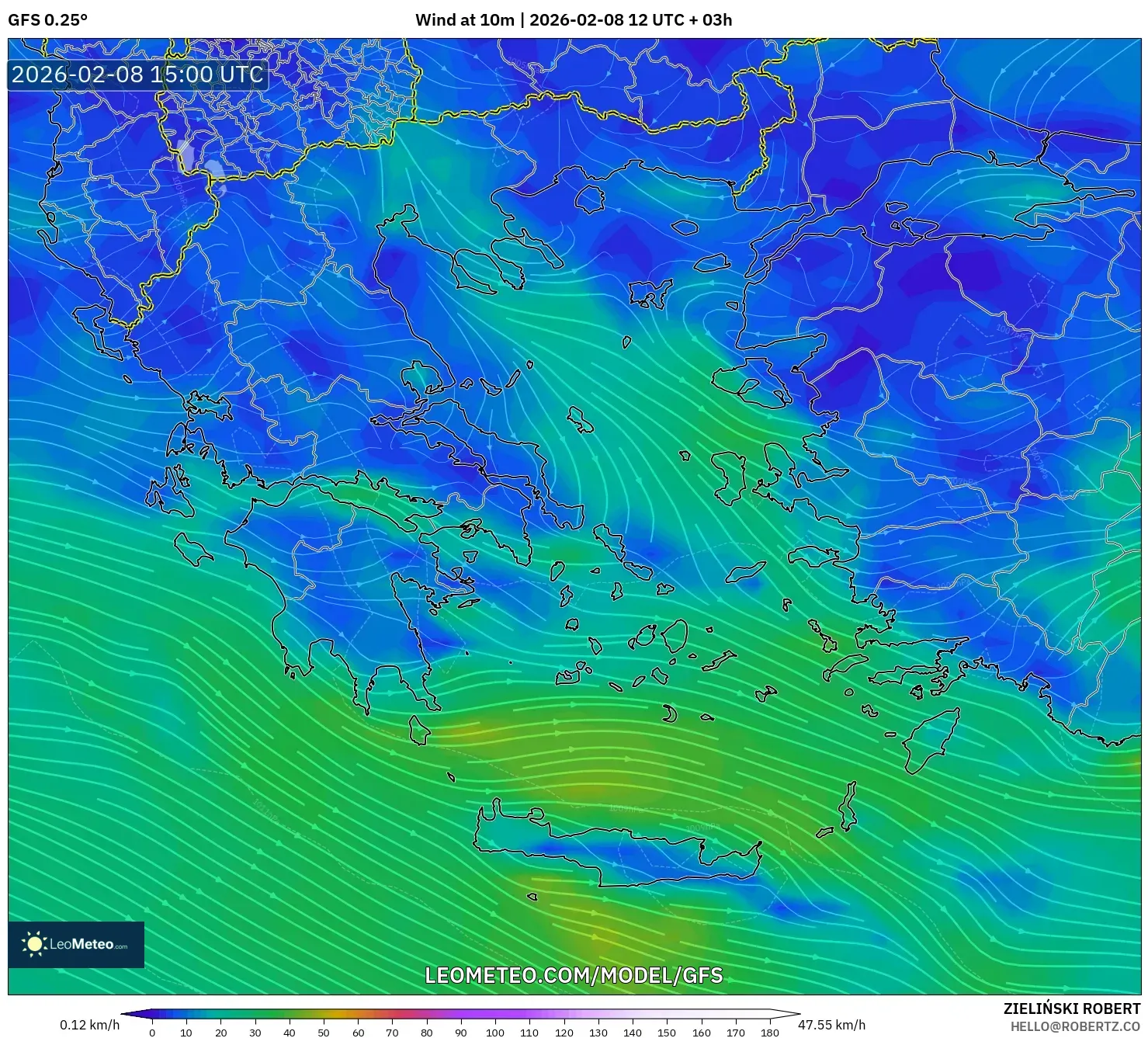 GFS model - Greece, Wind at 10m