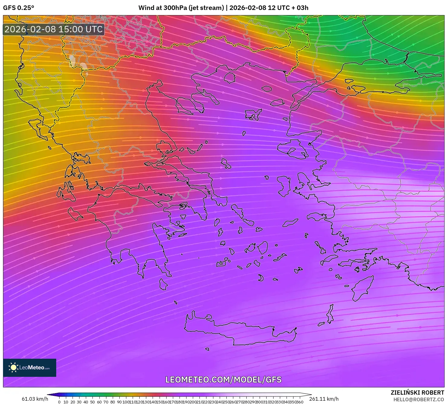 GFS model - Greece, Wind at 300hPa (jet stream)