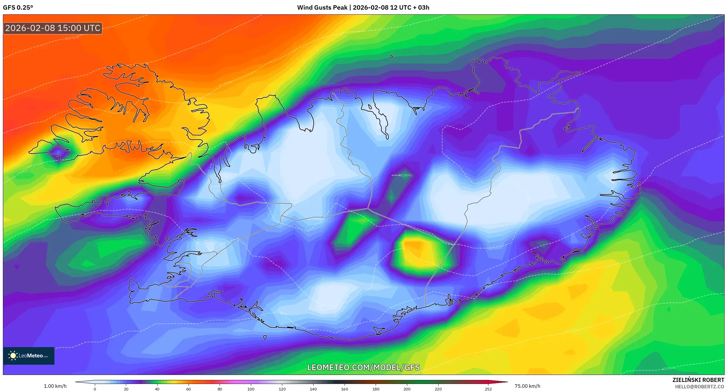 GFS model - Iceland, Wind Gusts Peak