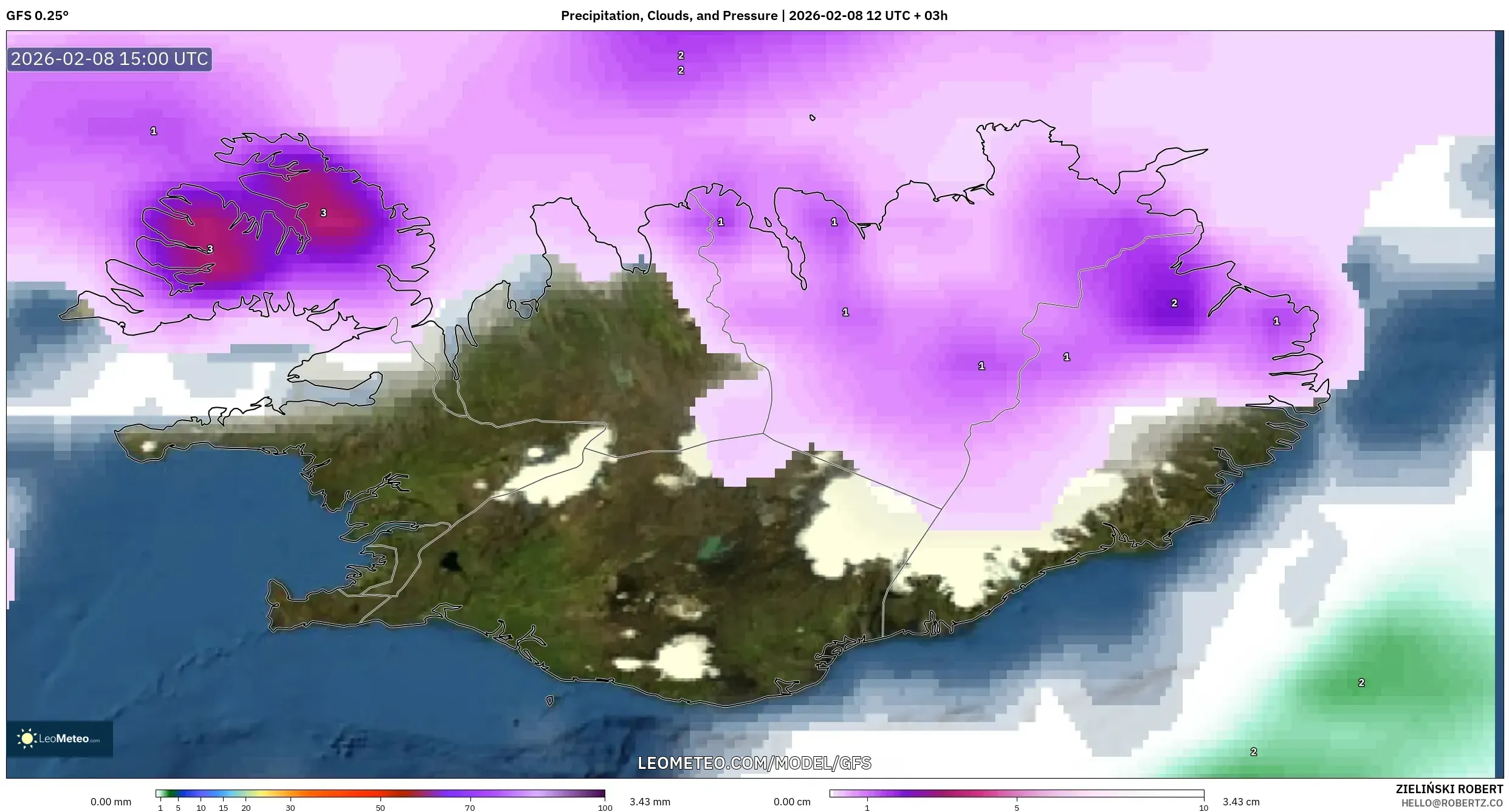 GFS model - Iceland, Precipitation, Clouds, and Pressure