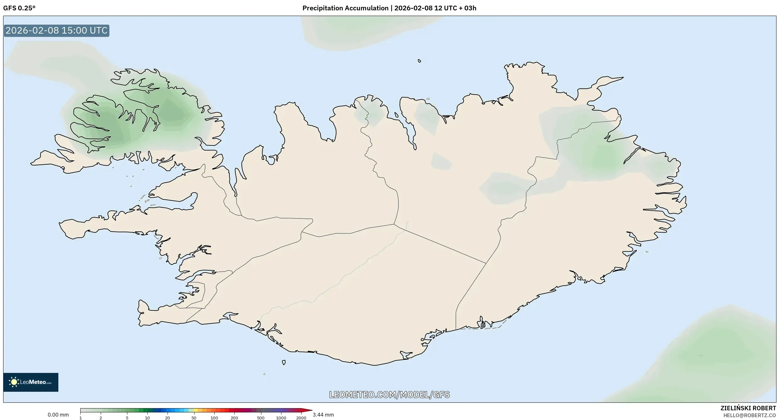 GFS model - Islandia, Akumulasi Curah Hujan