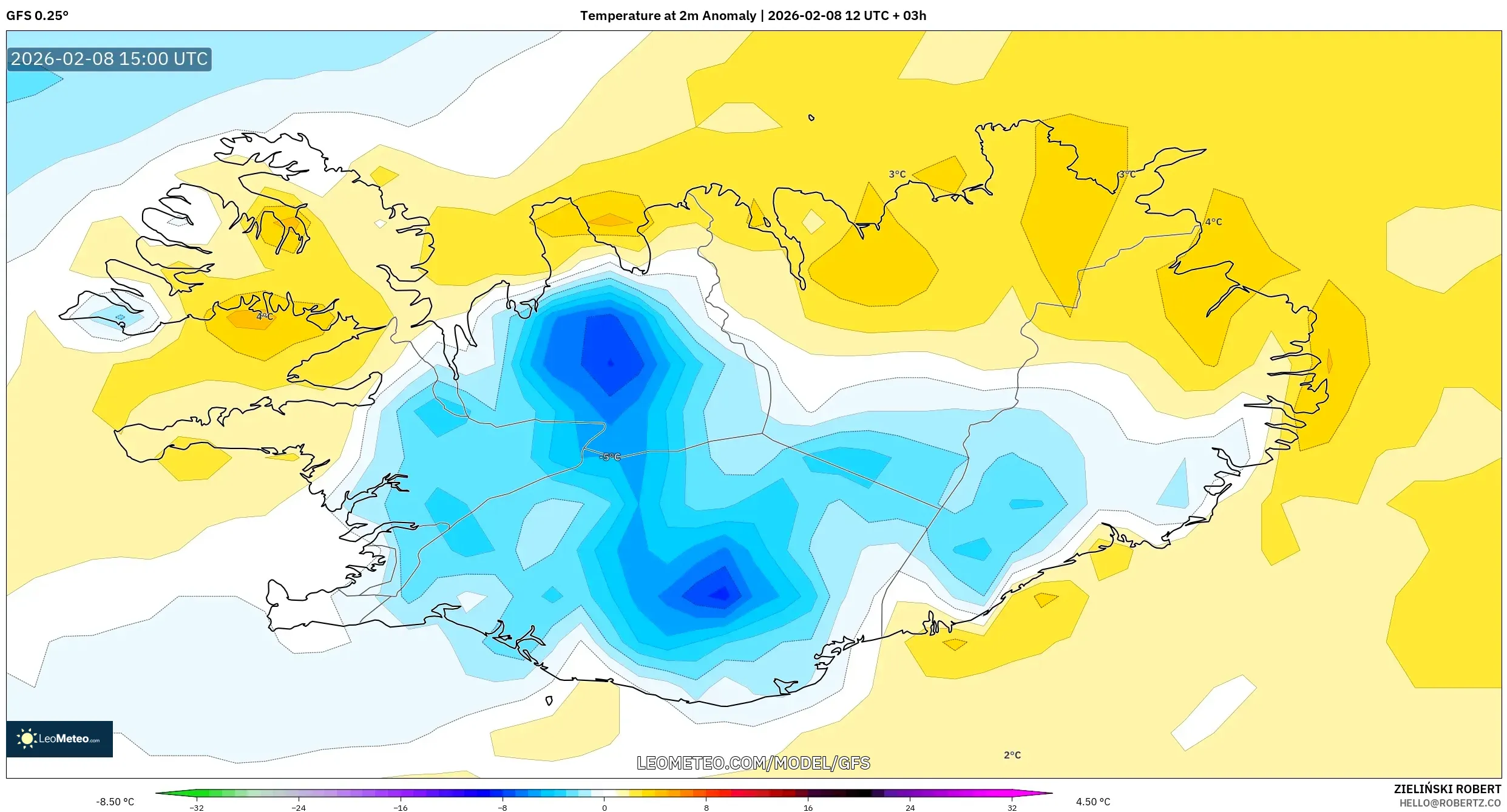 GFS model - Iceland, Temperature at 2m Anomaly