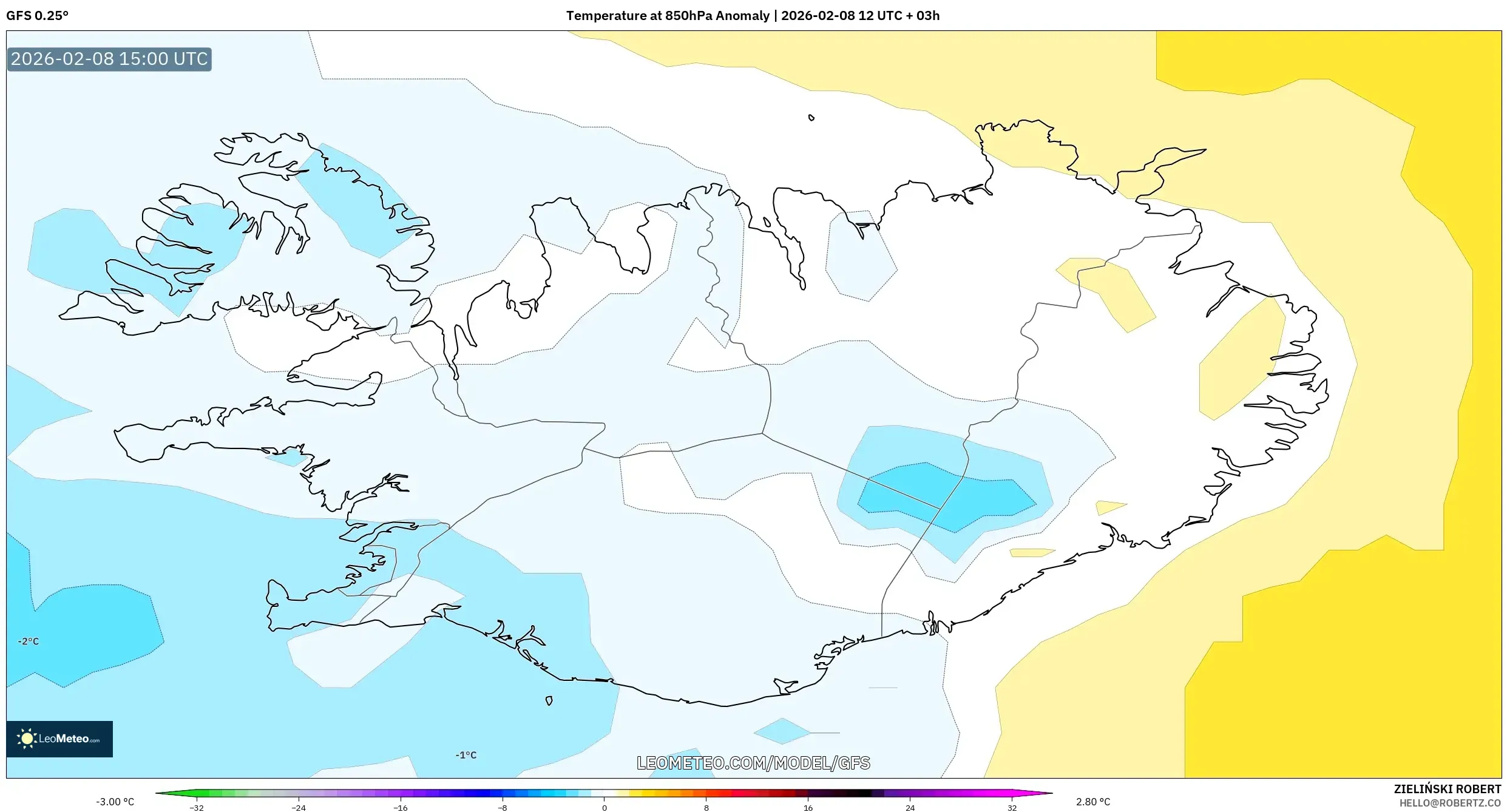 GFS model - Iceland, Temperature at 850hPa Anomaly