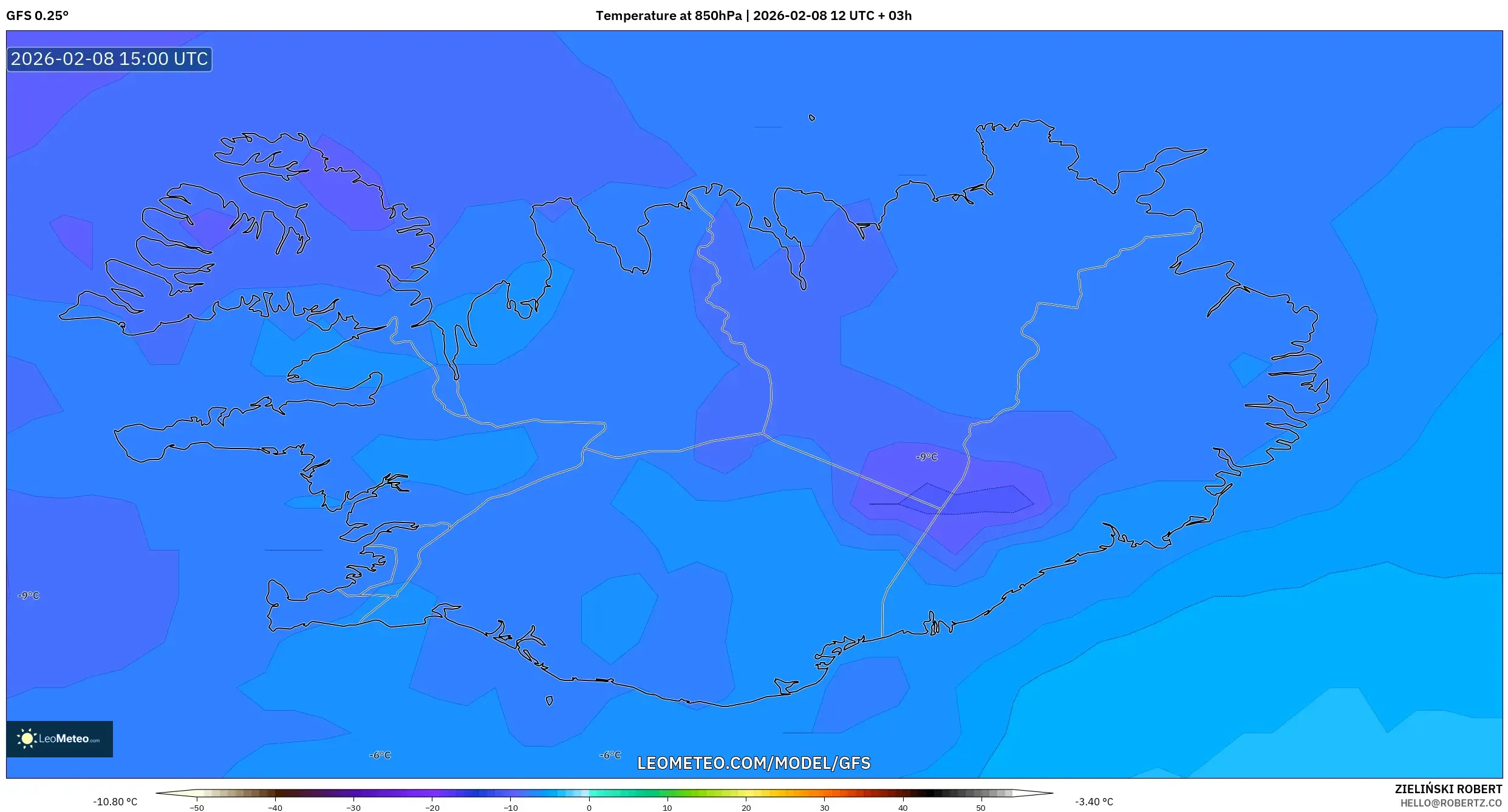 GFS model - Iceland, Temperature at 850hPa