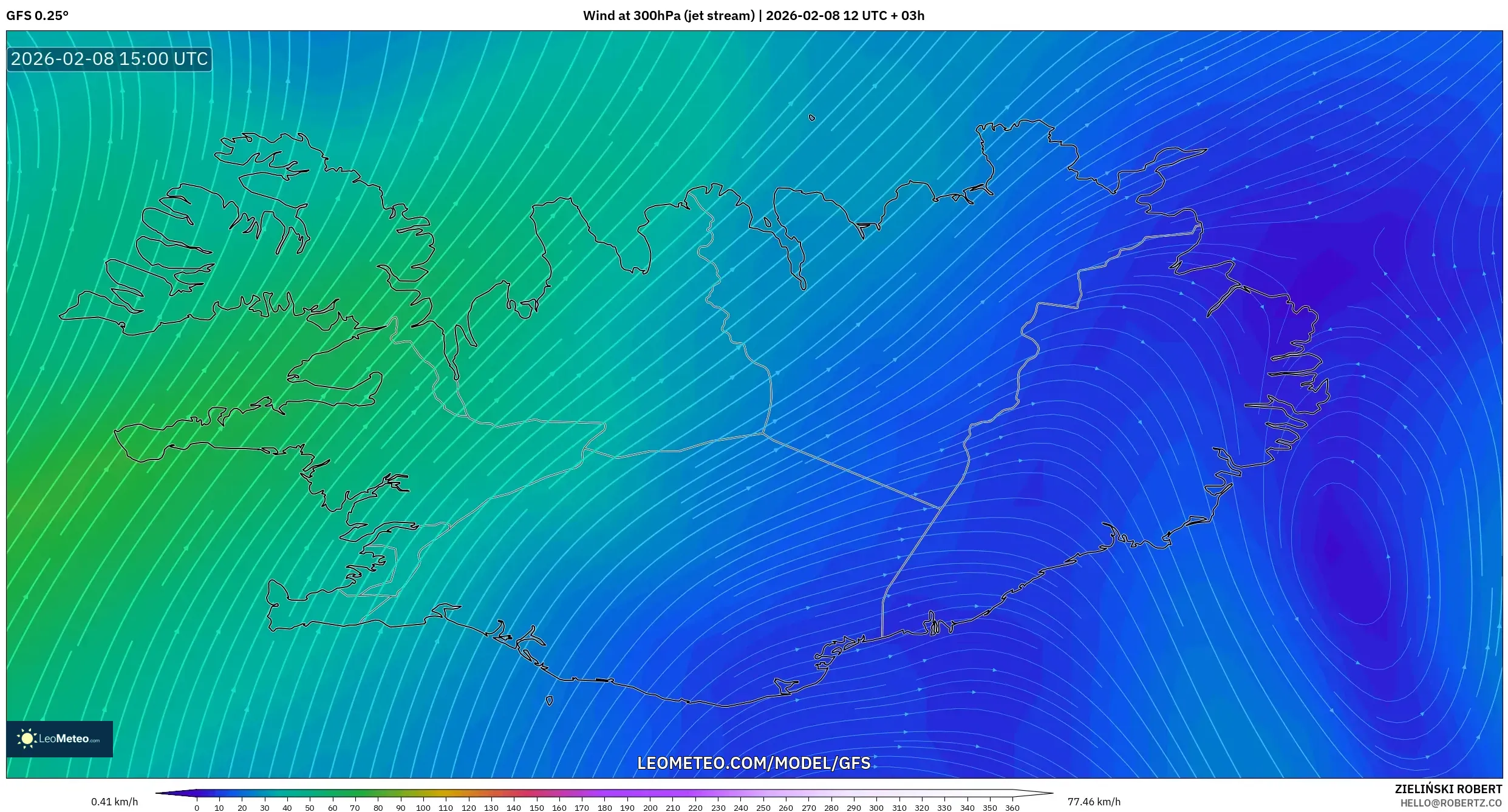 GFS model - Iceland, Wind at 300hPa (jet stream)