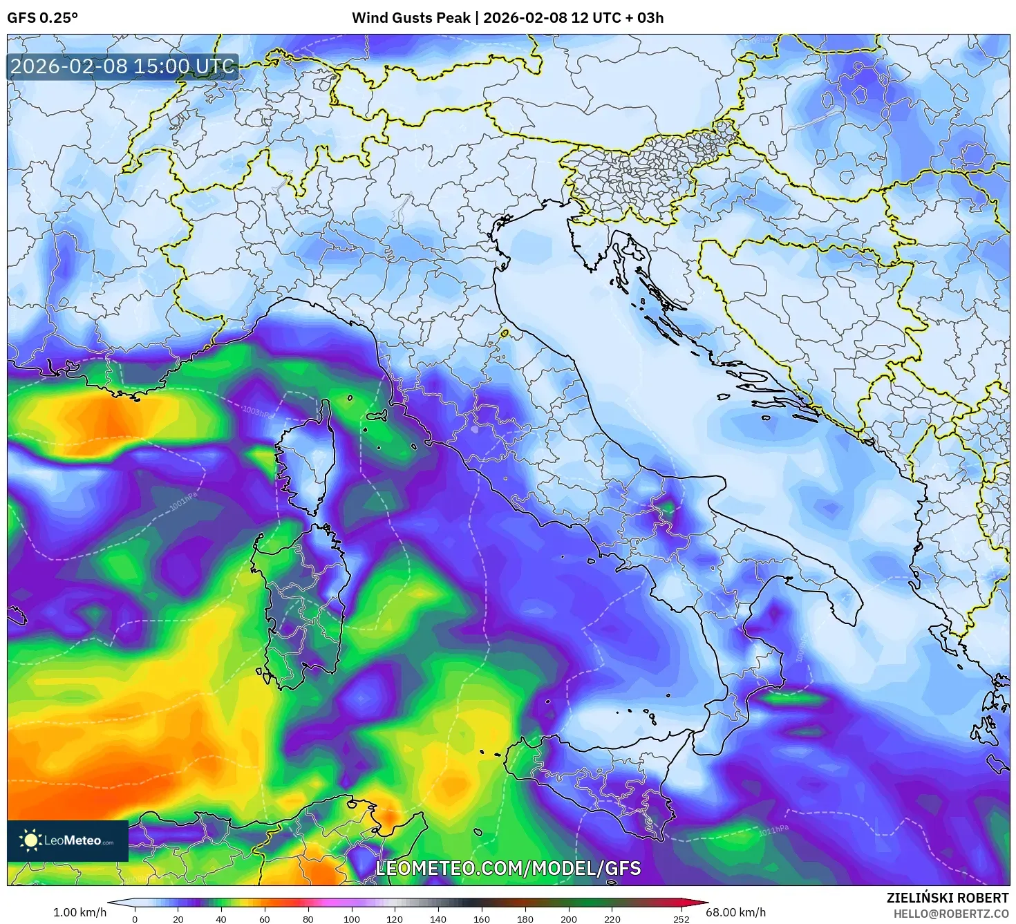 GFS model - Italy, Wind Gusts Peak