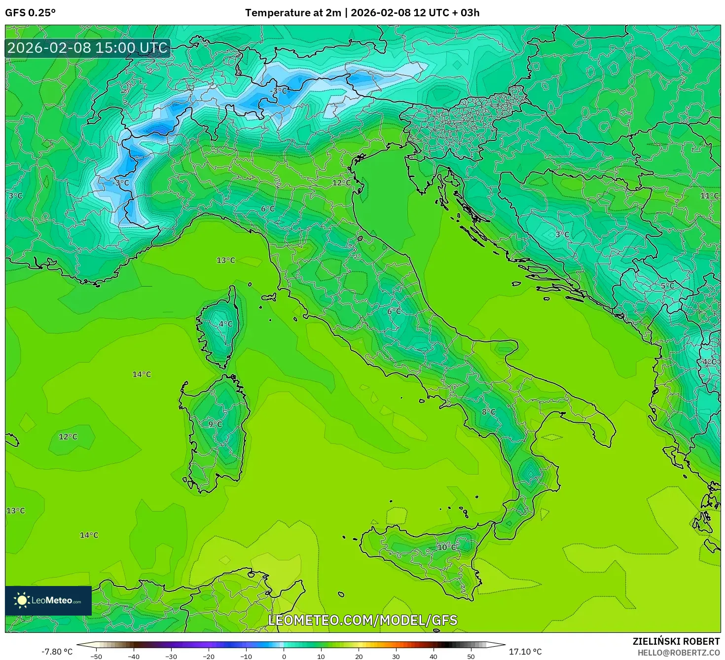 GFS model - Italy, Temperature at 2m