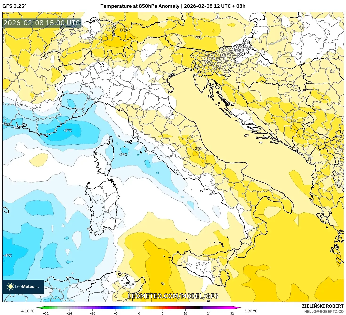 GFS model - Italy, Temperature at 850hPa Anomaly