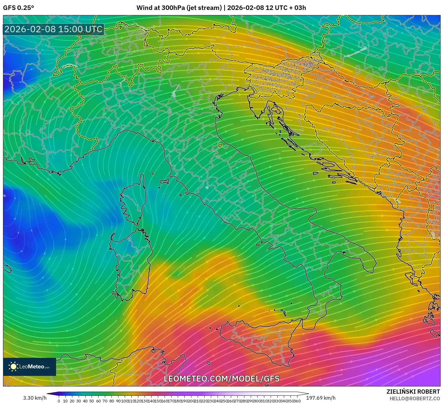 GFS model - Italy, Wind at 300hPa (jet stream)
