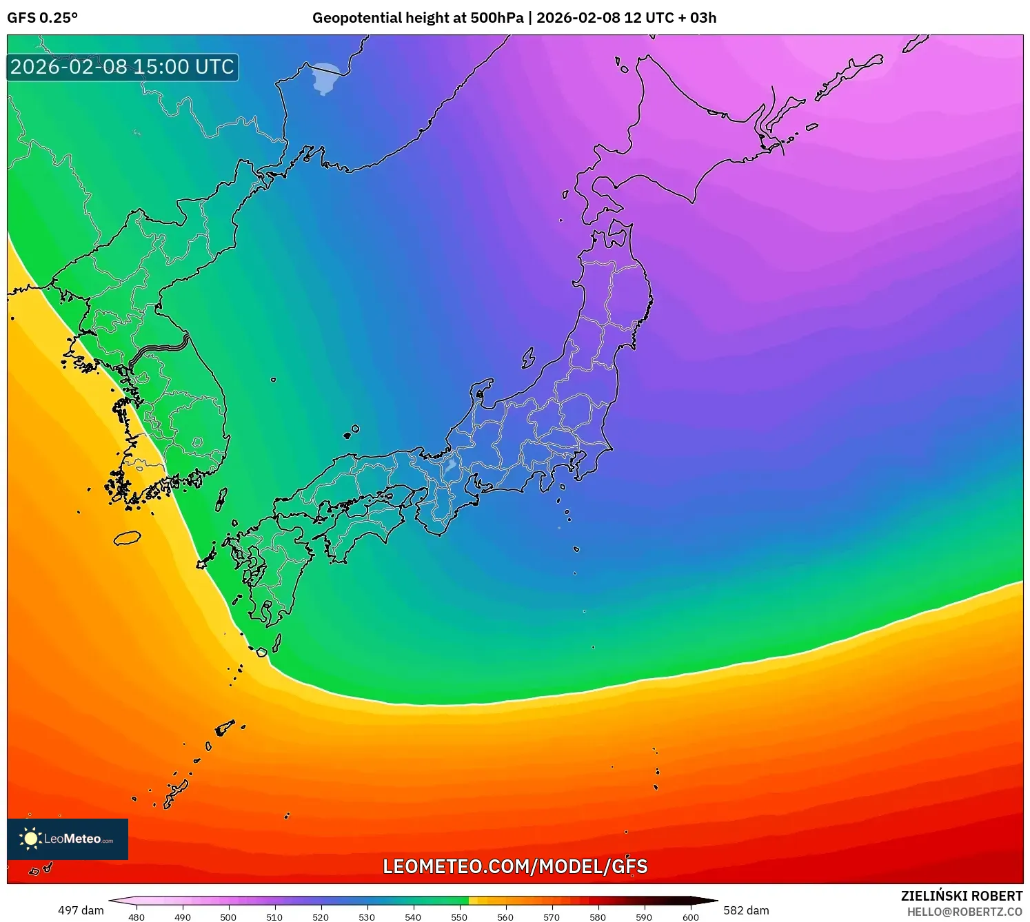 GFS model - Japan, Geopotential height at 500hPa