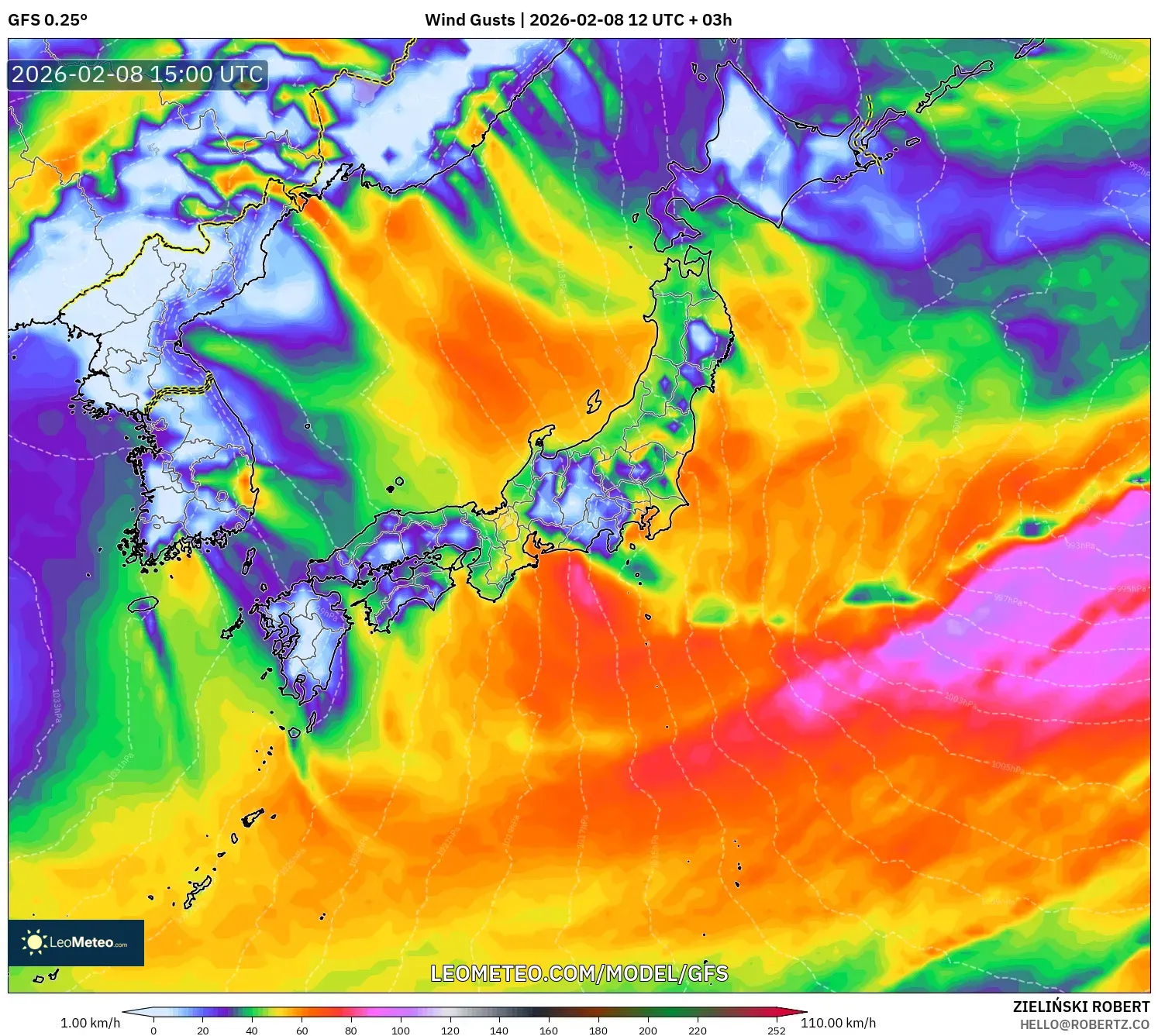 GFS model - Japan, Wind Gusts