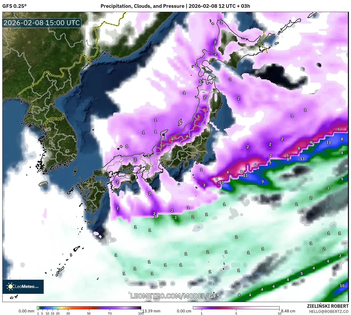 GFS model - Japan, Precipitation, Clouds, and Pressure