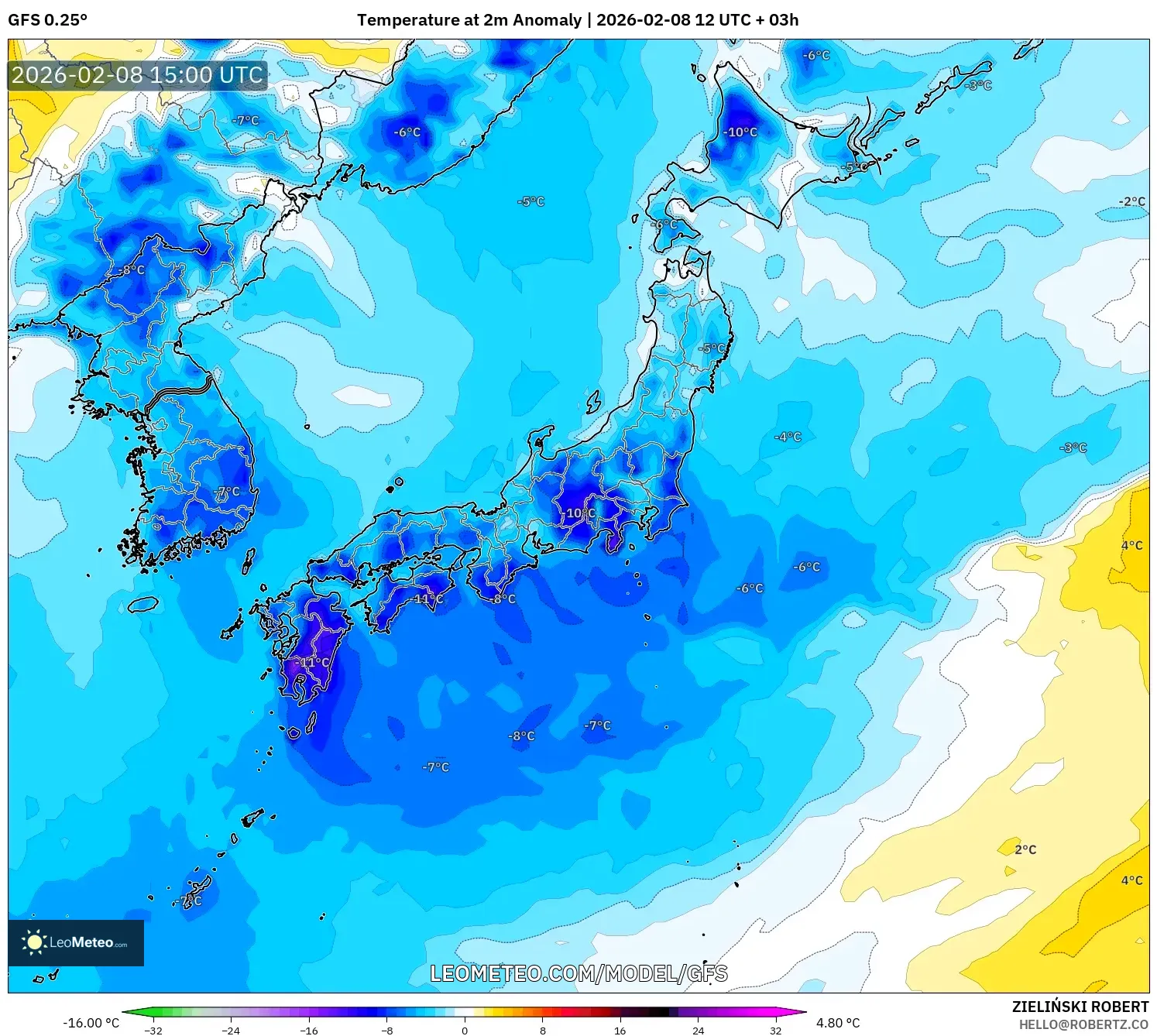 GFS model - Japan, Temperature at 2m Anomaly