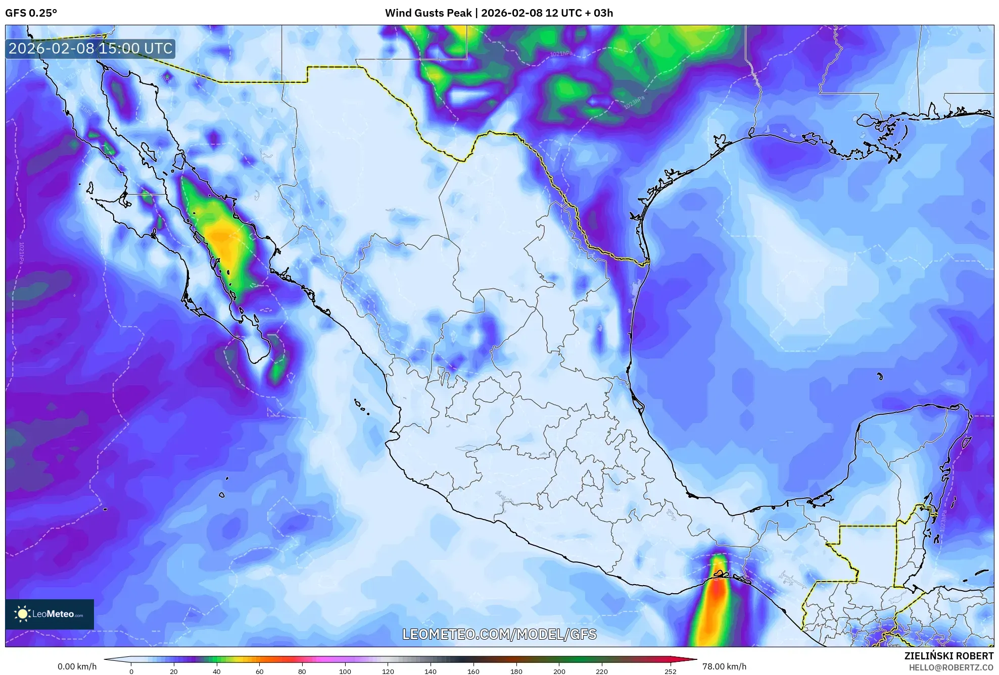 GFS model - Mexico, Wind Gusts Peak