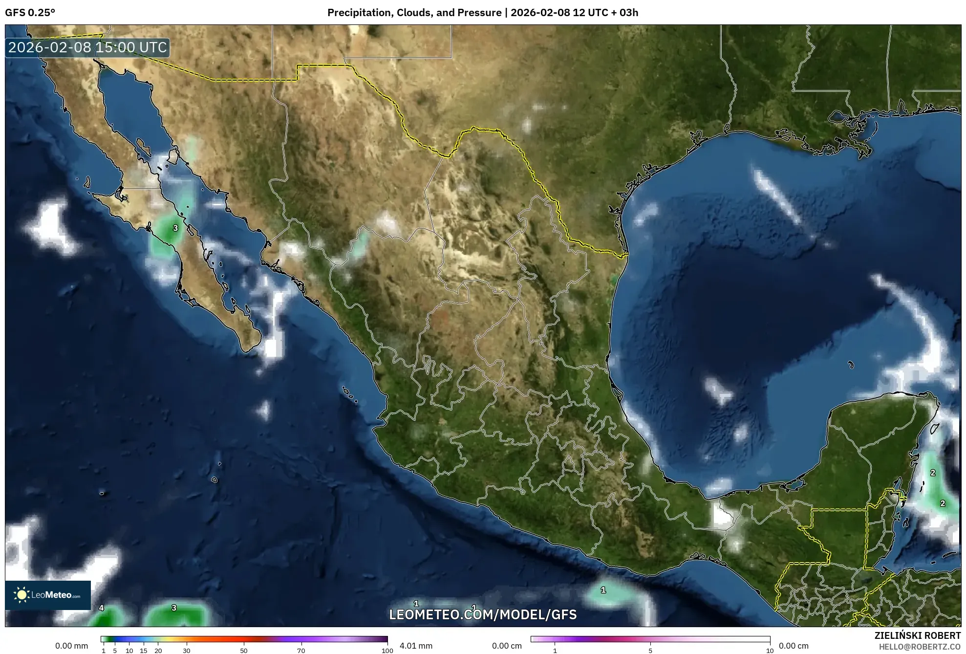 GFS model - Mexico, Precipitation, Clouds, and Pressure