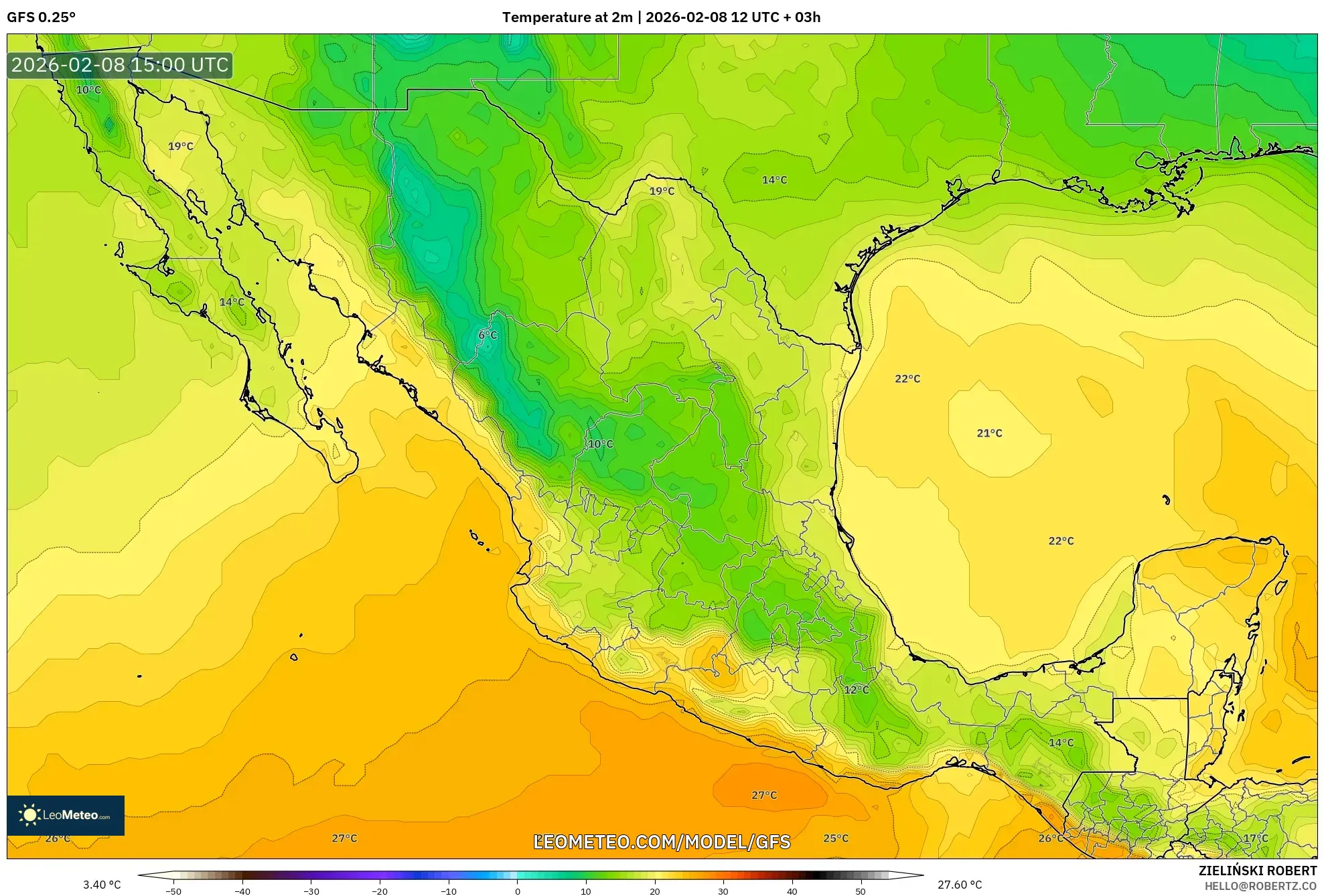 GFS model - Mexico, Temperature at 2m