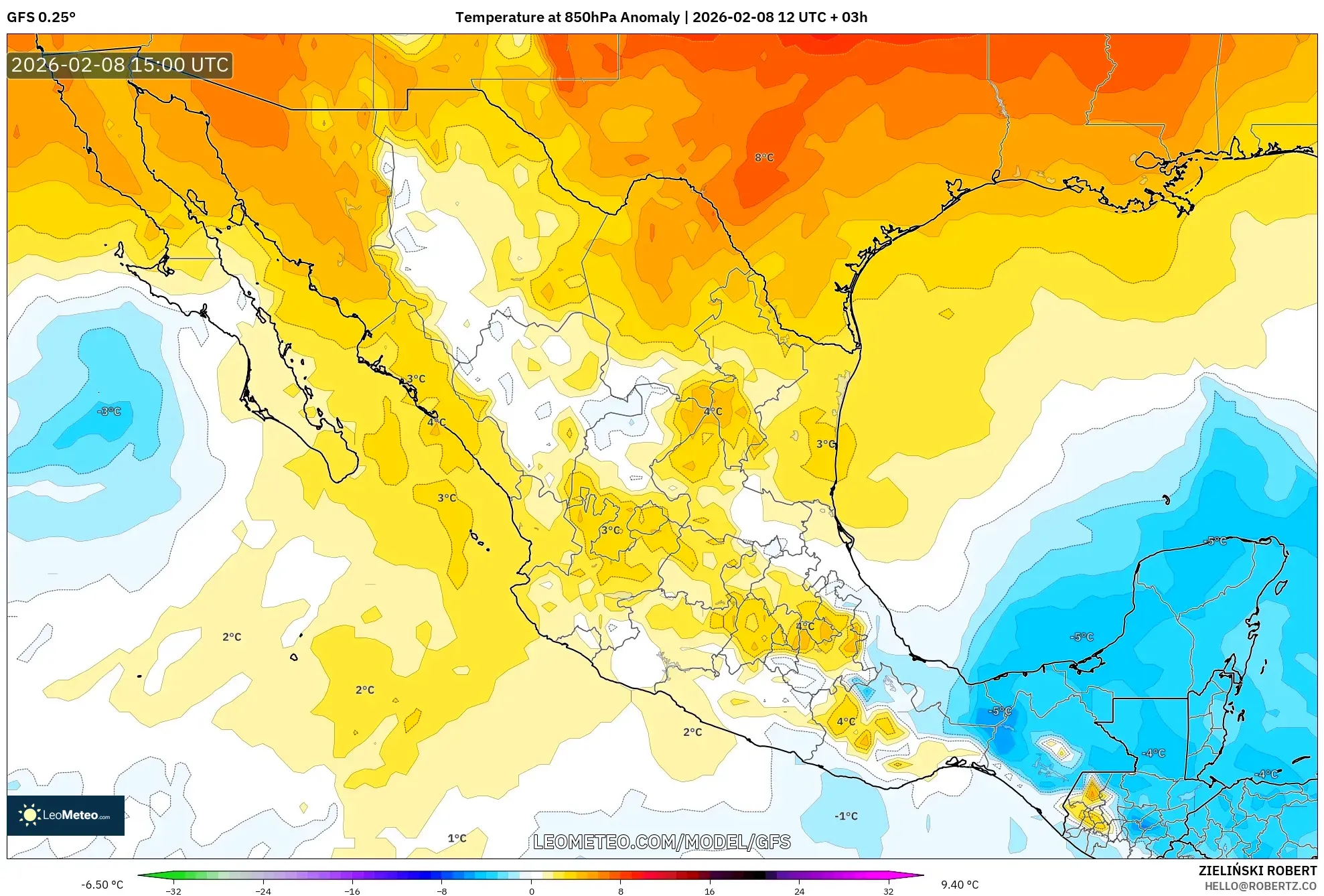 GFS model - Mexico, Temperature at 850hPa Anomaly