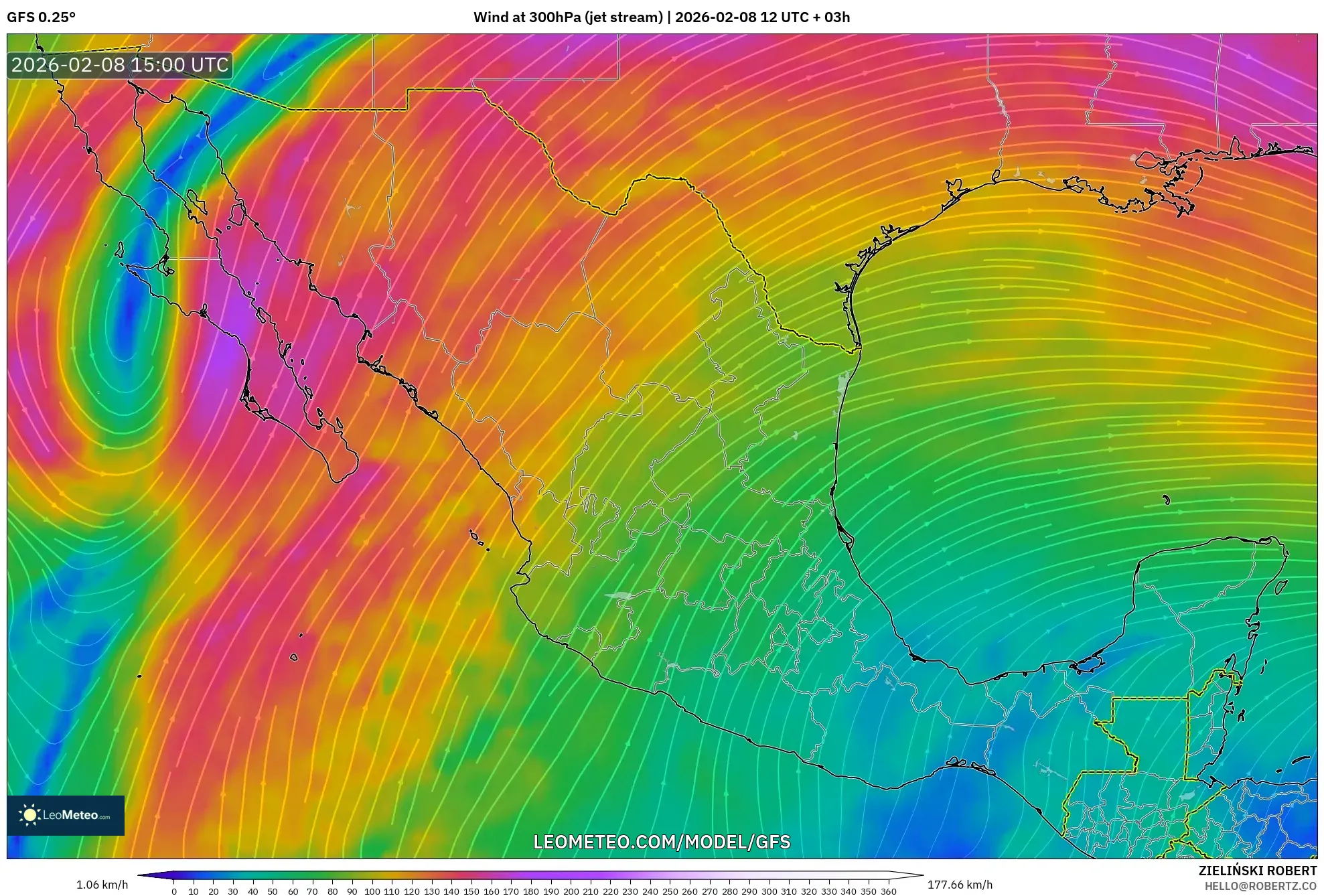 GFS model - Mexico, Wind at 300hPa (jet stream)
