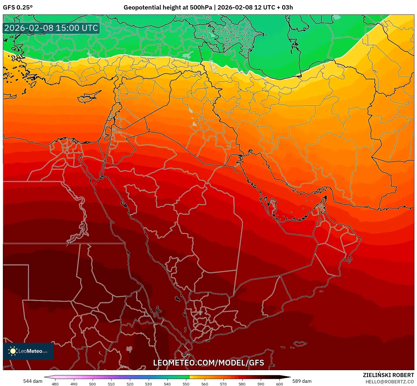 GFS model - Middle East, Geopotential height at 500hPa