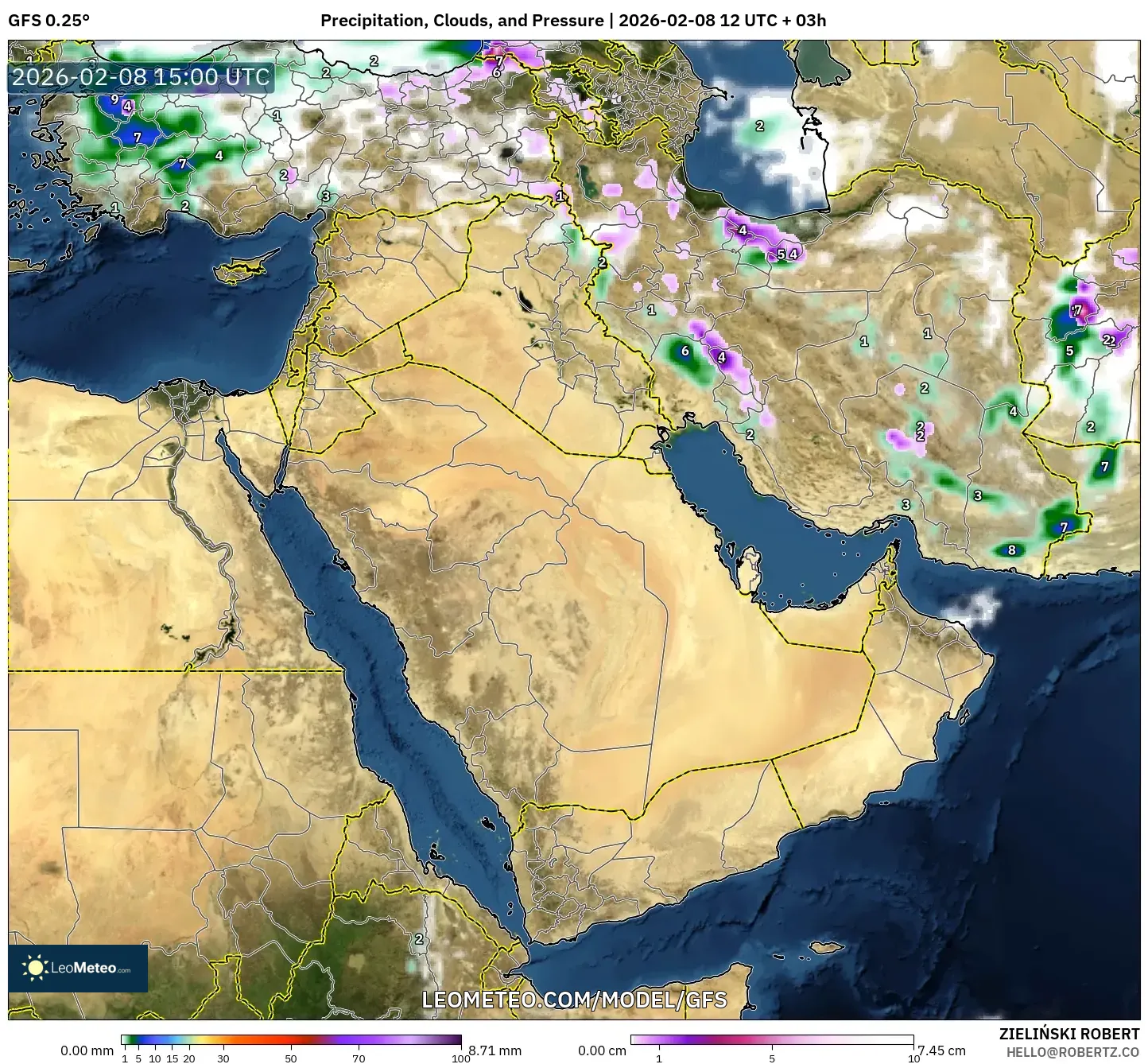 GFS model - Middle East, Precipitation, Clouds, and Pressure