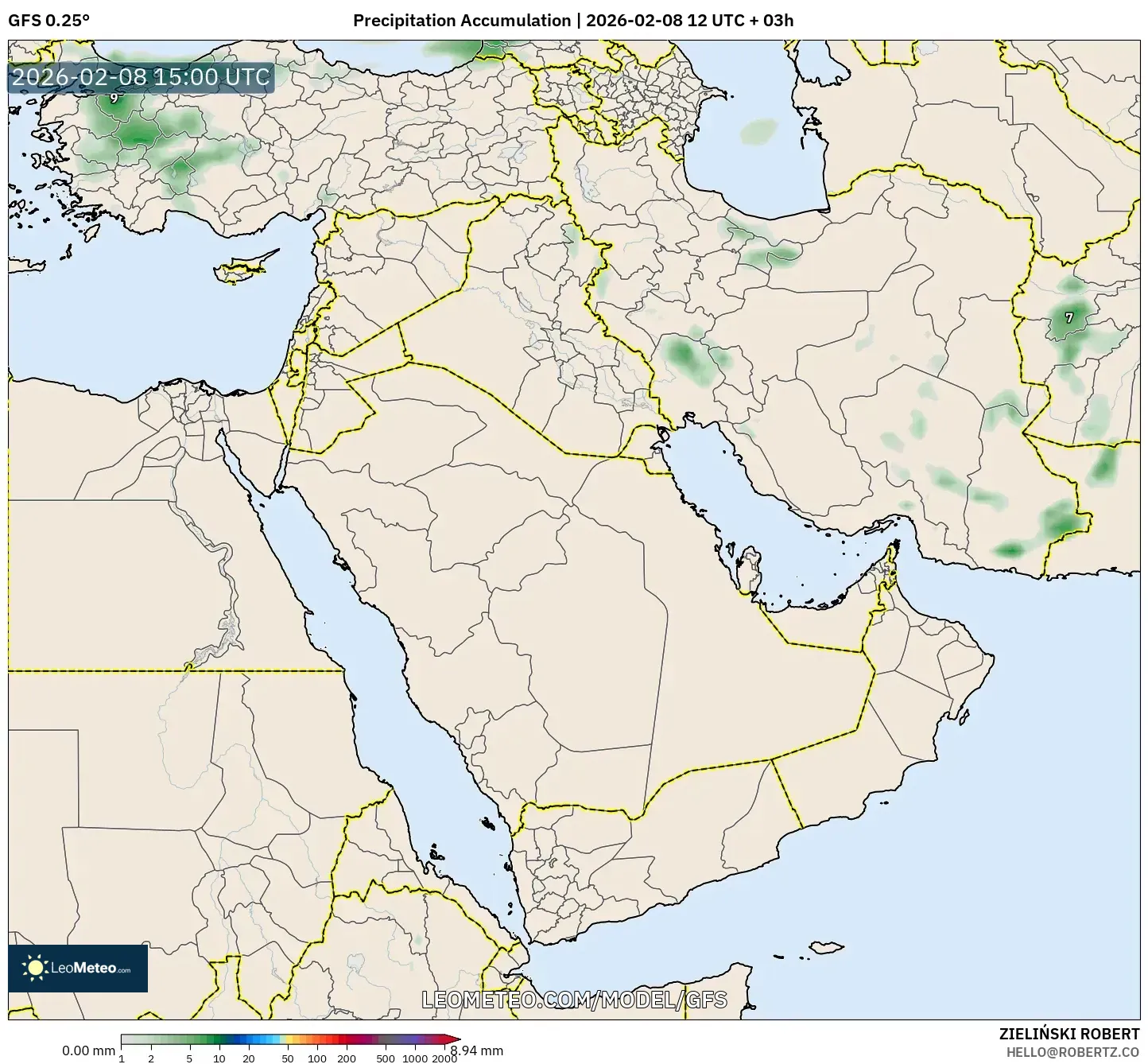 GFS model - Timur Tengah, Akumulasi Curah Hujan