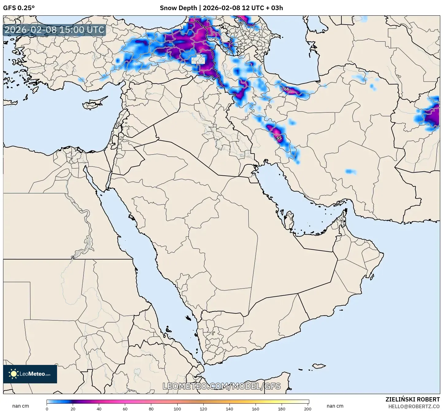 GFS model - Middle East, Snow Depth