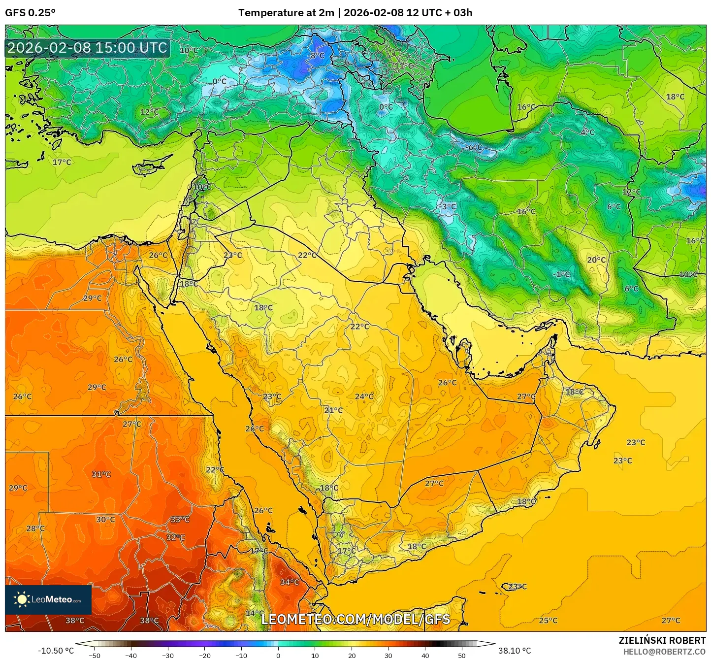 GFS model - Middle East, Temperature at 2m