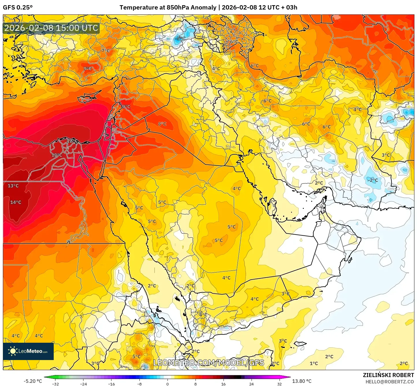 GFS model - Middle East, Temperature at 850hPa Anomaly