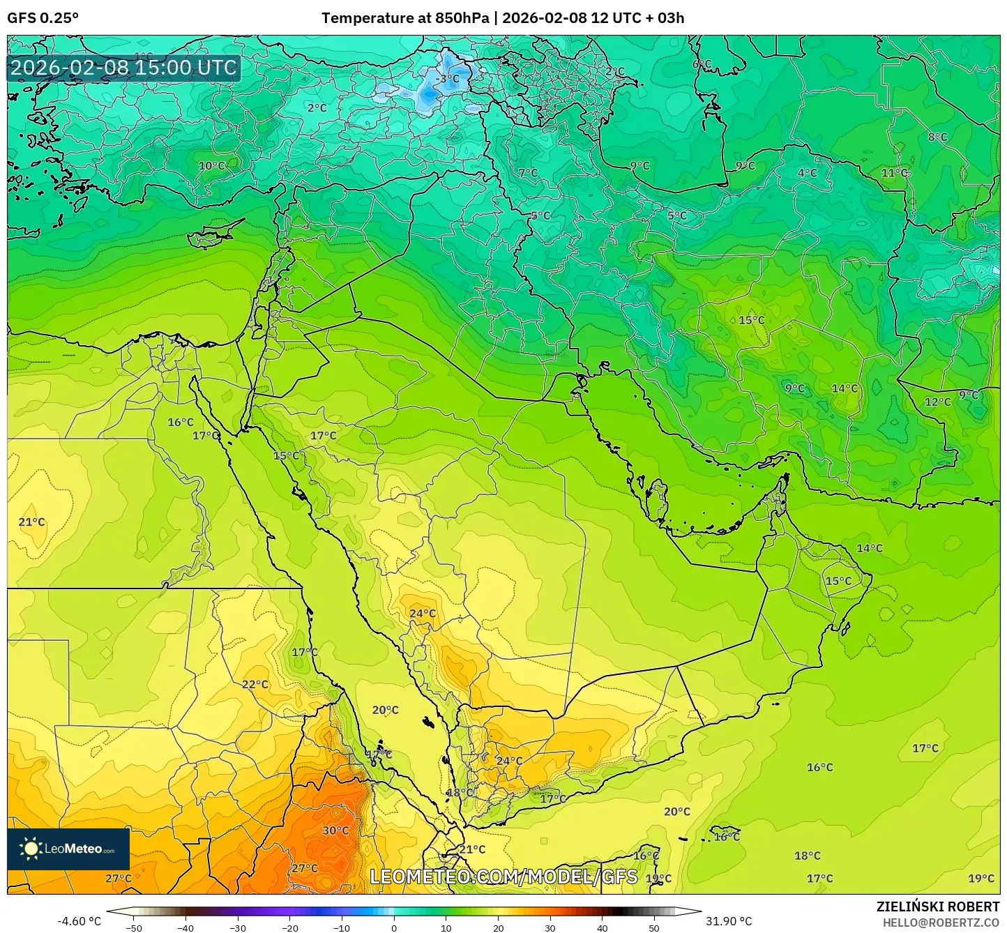GFS model - Middle East, Temperature at 850hPa