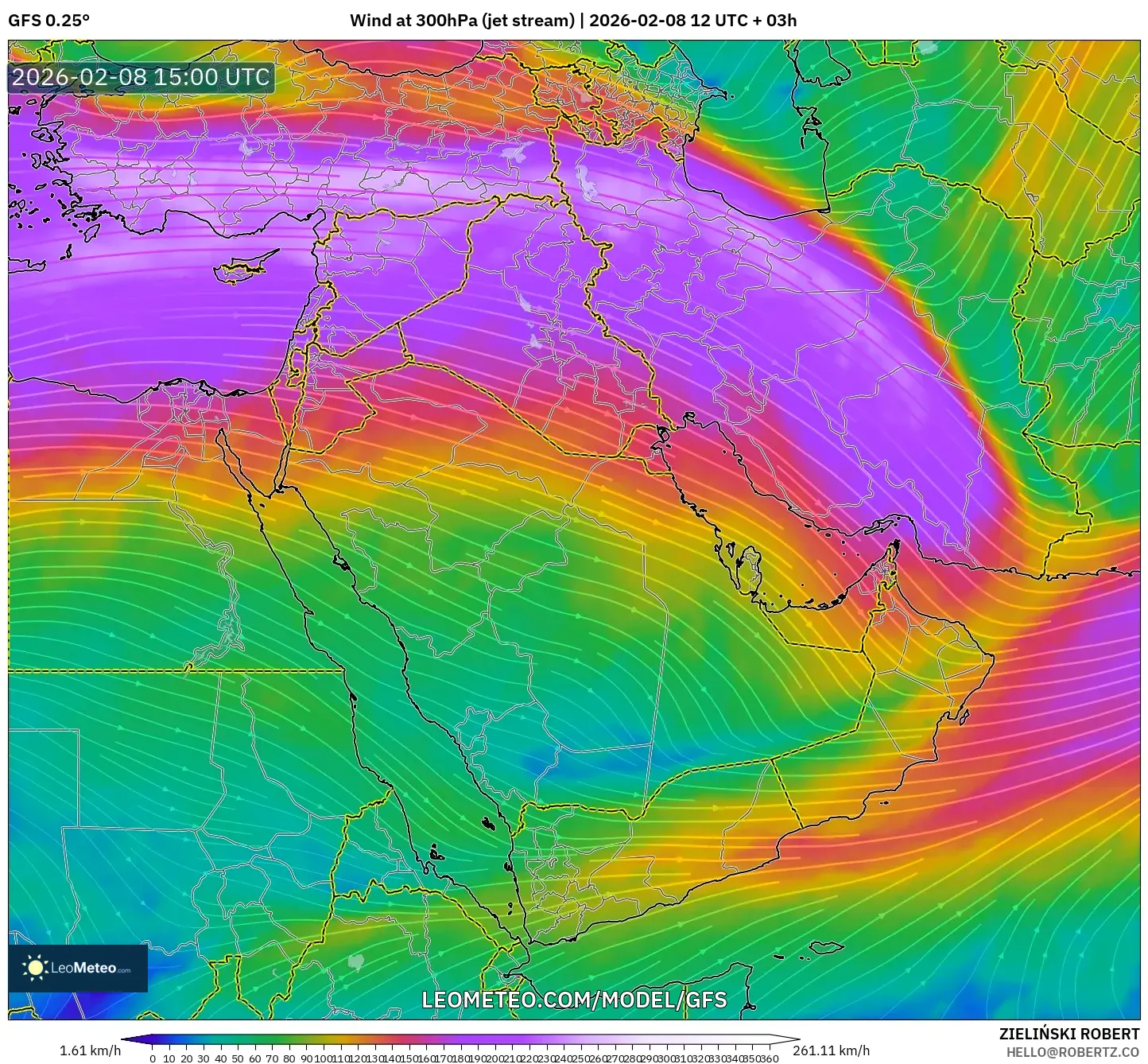 GFS model - Middle East, Wind at 300hPa (jet stream)