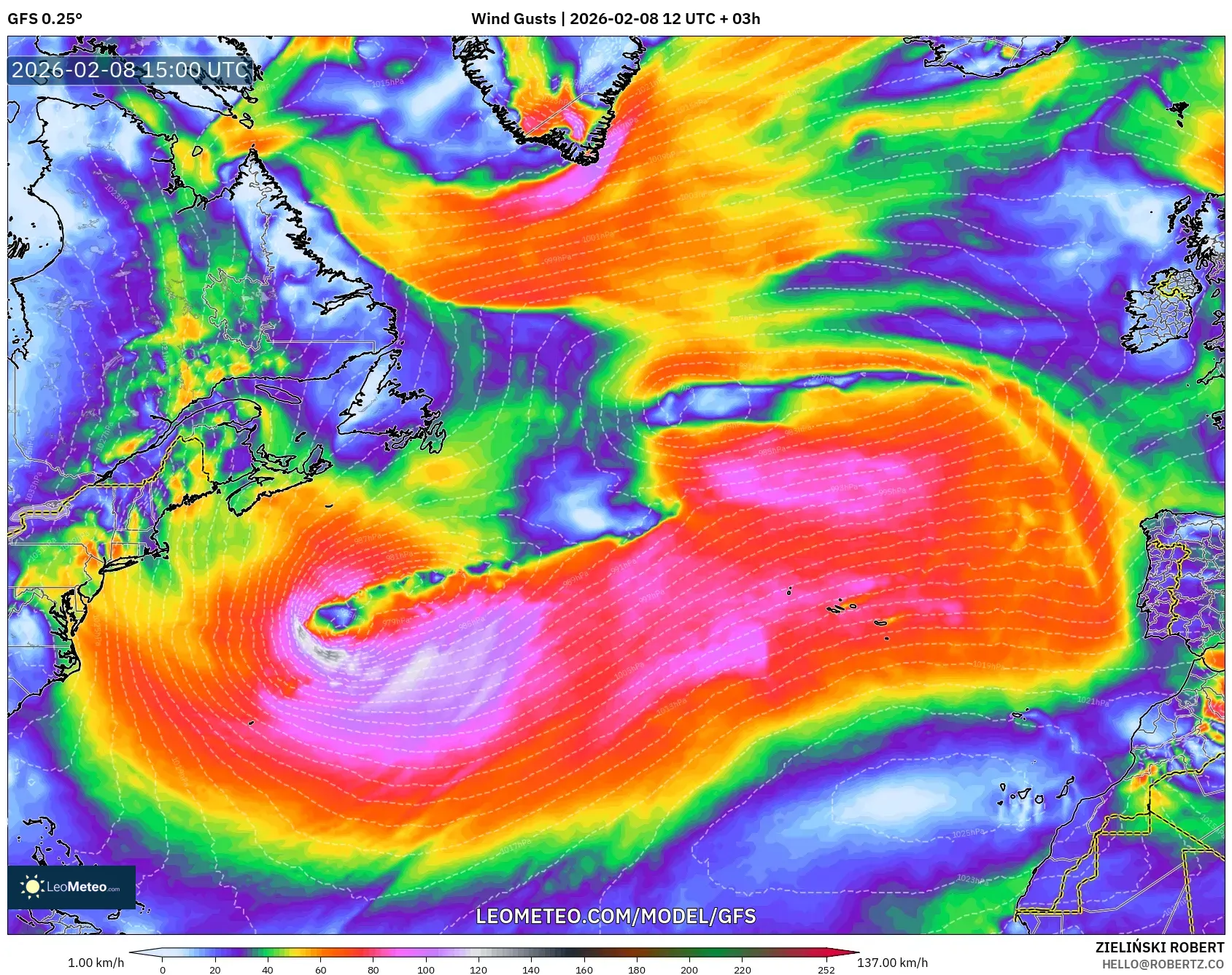 GFS model - North Atlantic, Wind Gusts