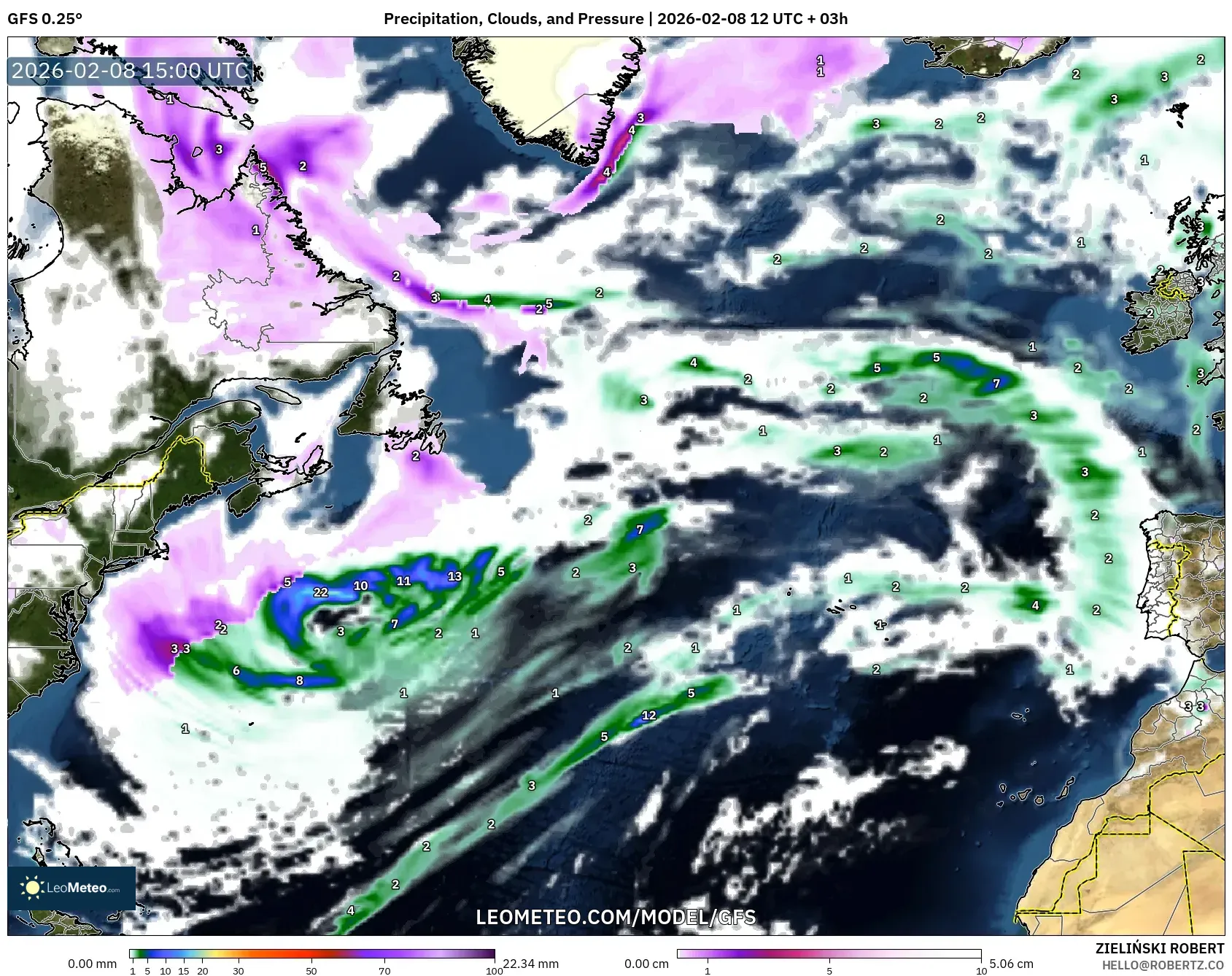 GFS model - North Atlantic, Precipitation, Clouds, and Pressure
