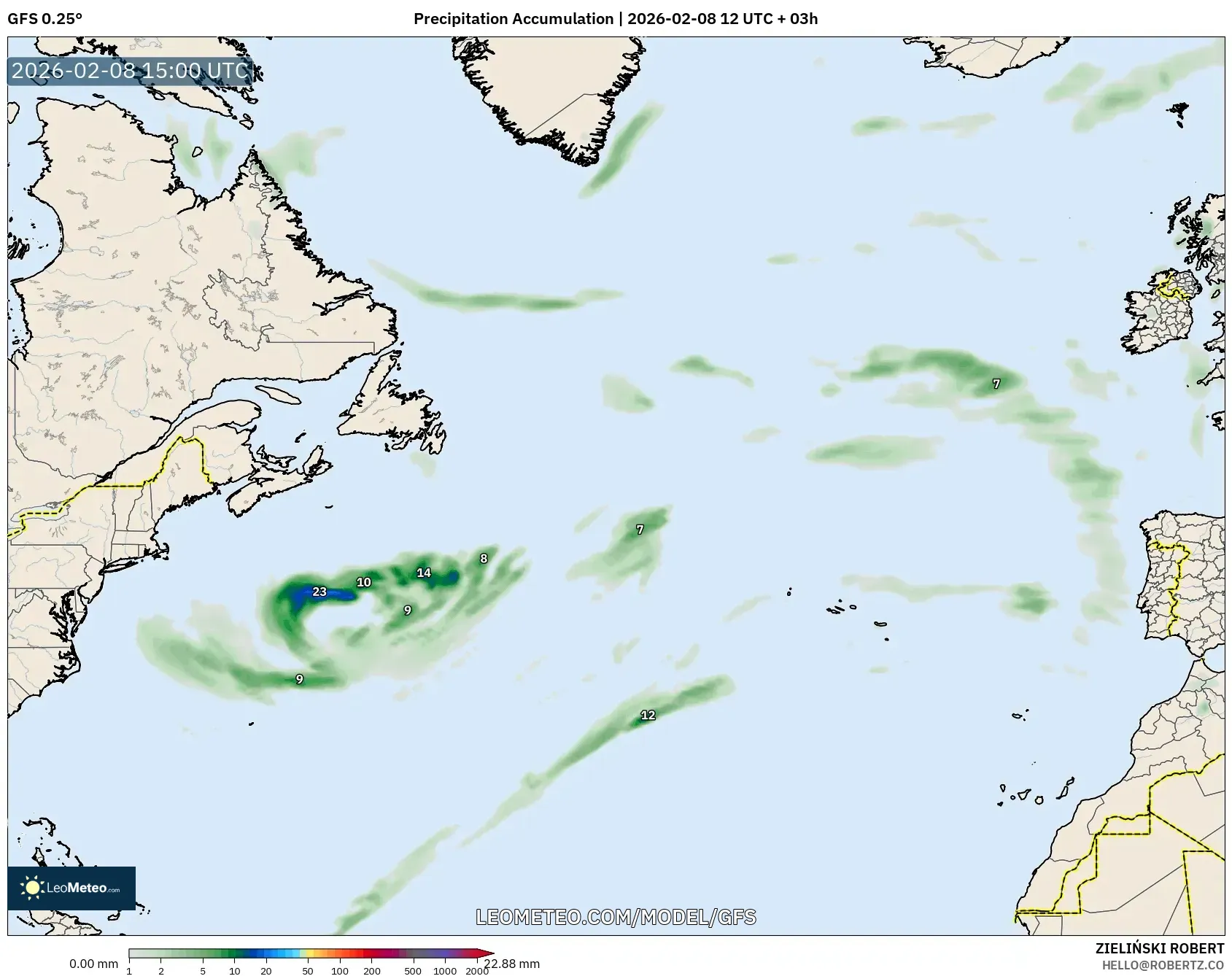 GFS model - North Atlantic, Precipitation Accumulation