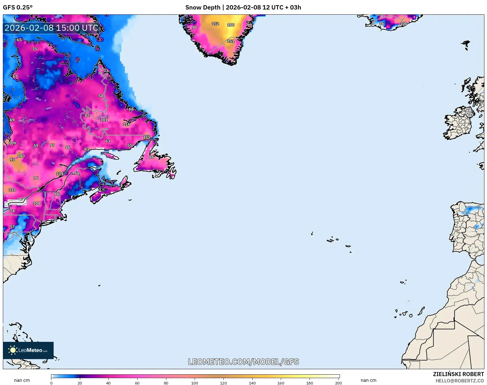 GFS model - North Atlantic, Snow Depth