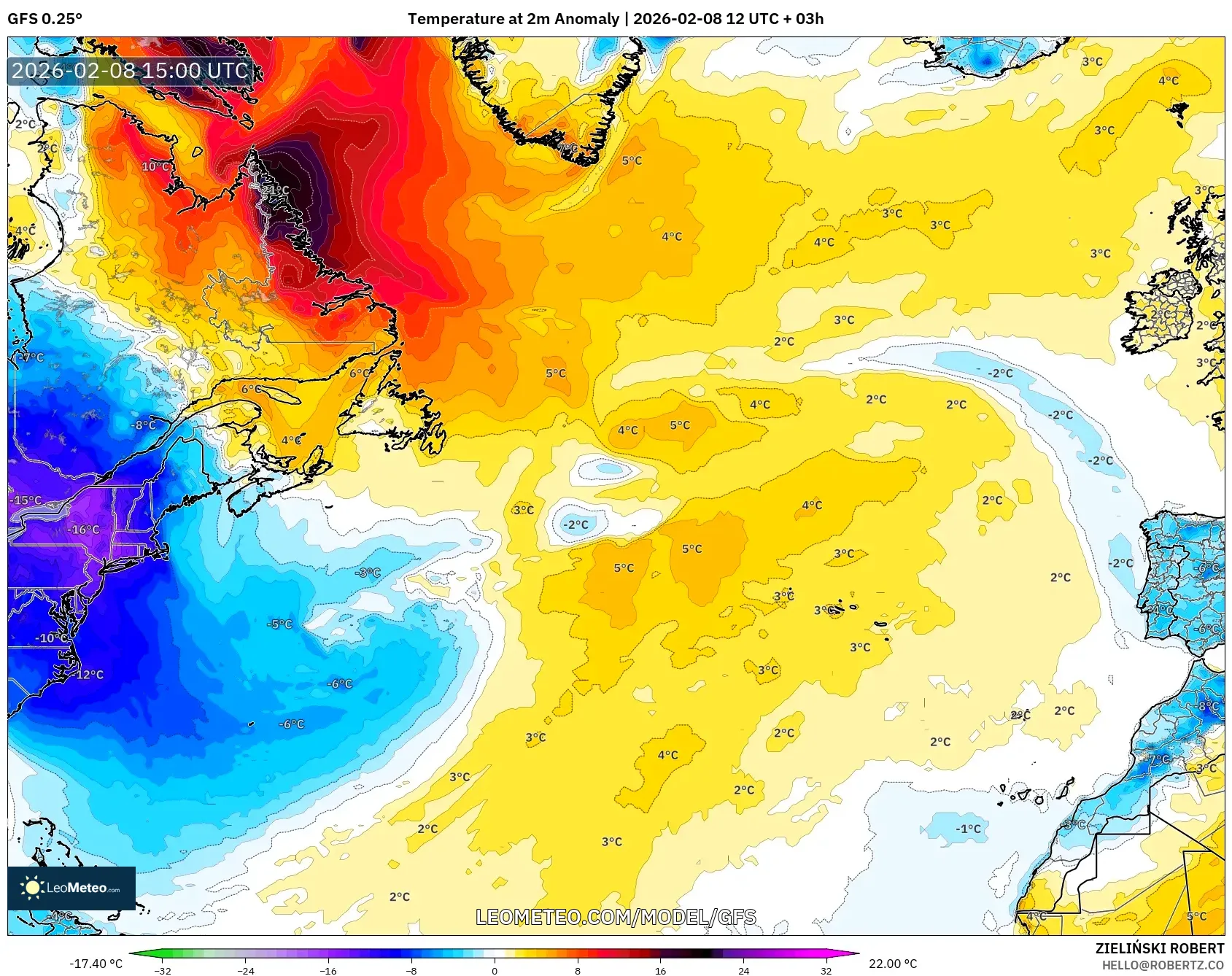 GFS model - Atlantik Utara, Anomali Suhu 2 m
