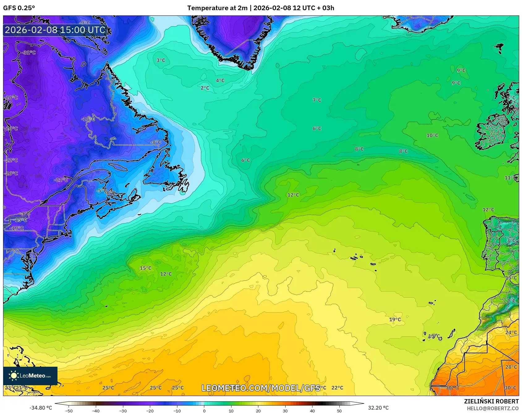 GFS model - North Atlantic, Temperature at 2m