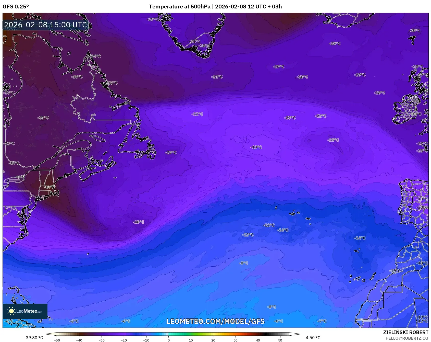 GFS model - Atlantik Utara, Suhu 500 hPa