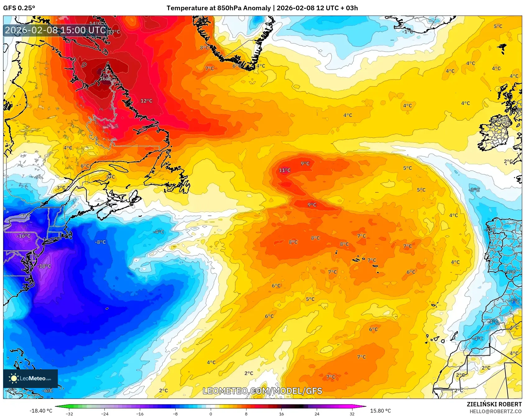 GFS model - North Atlantic, Temperature at 850hPa Anomaly