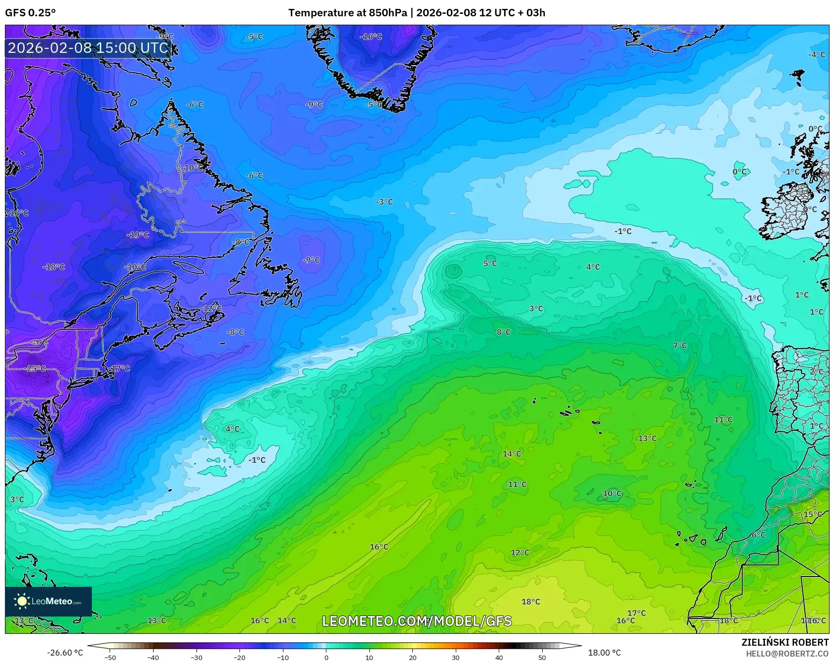 GFS model - Atlantik Utara, Suhu 850 hPa
