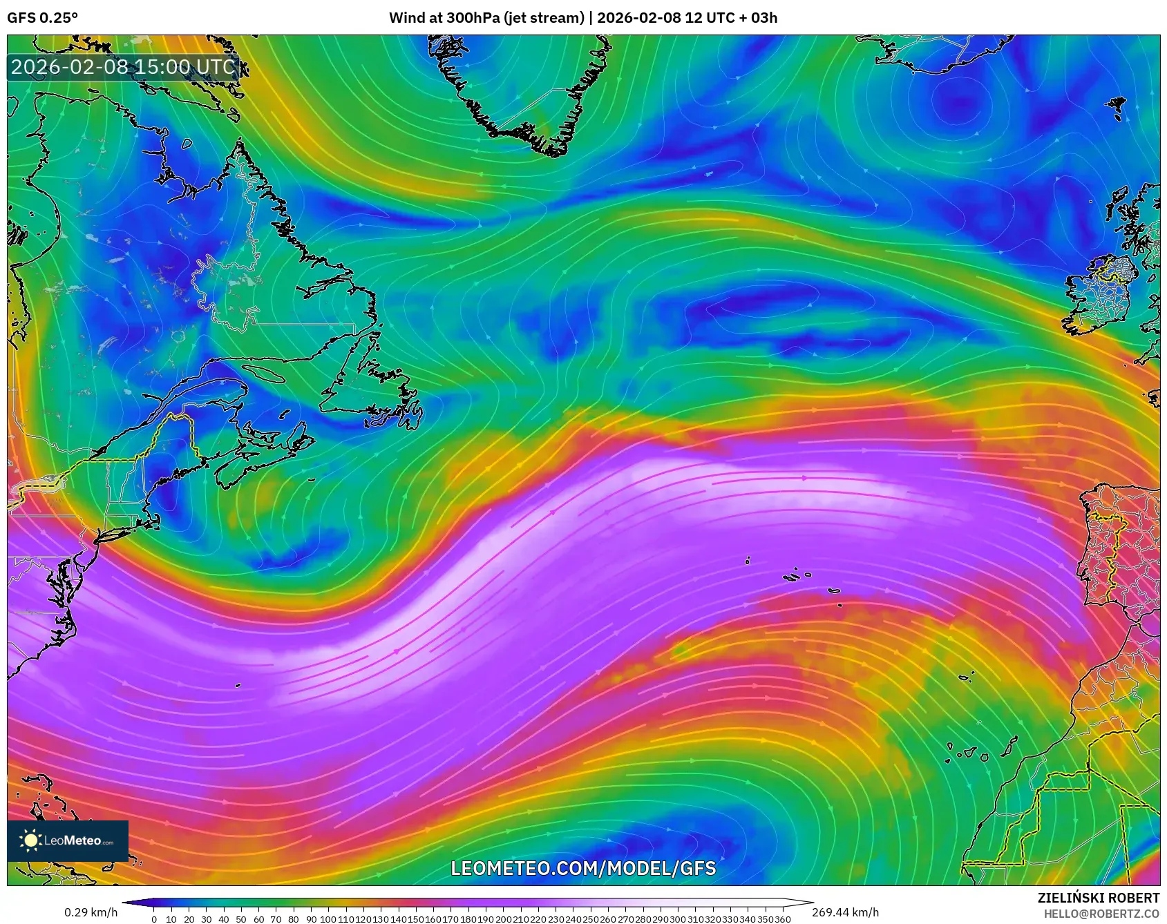 GFS model - Atlantik Utara, Angin 300 hPa (aliran jet)
