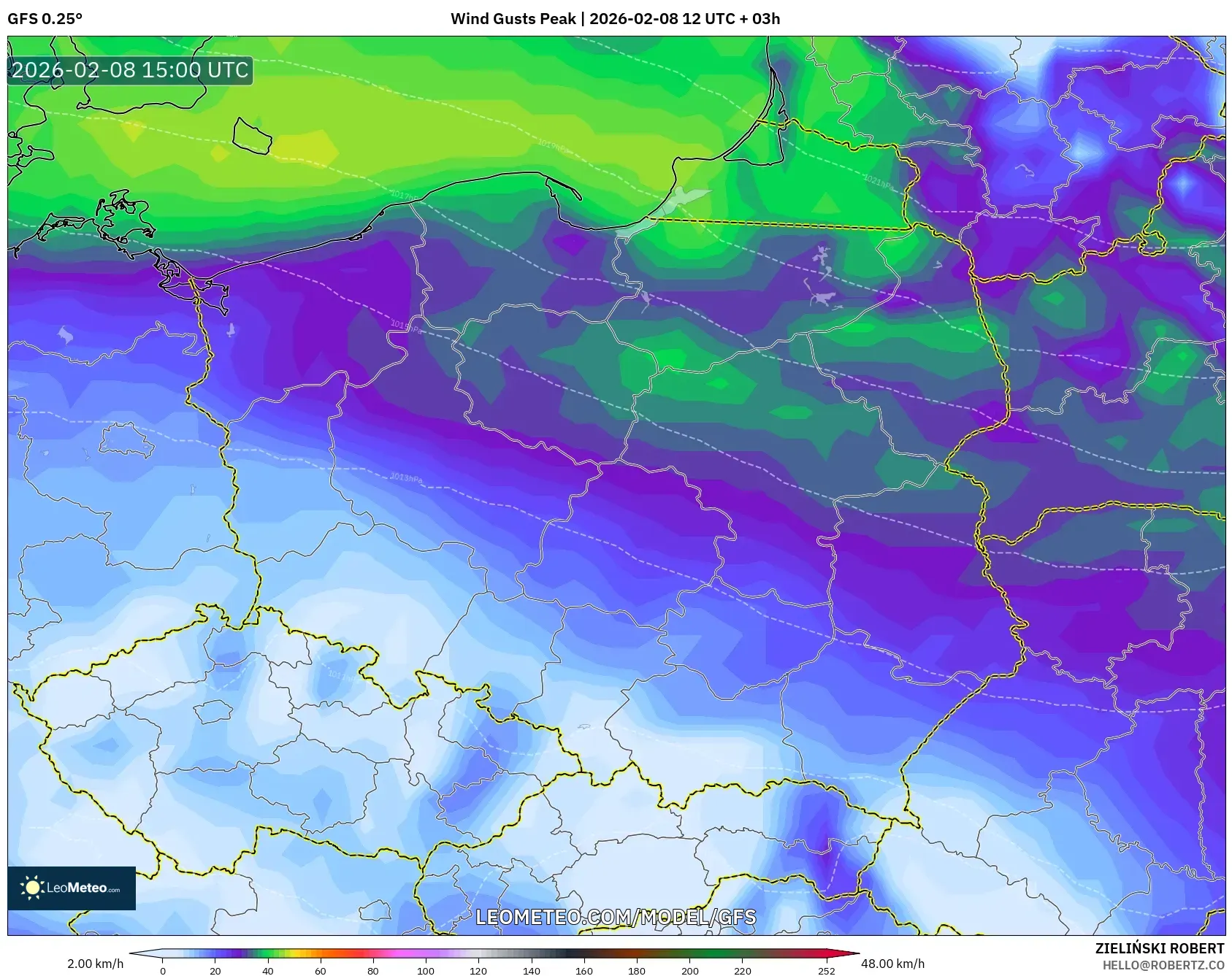 GFS model - Poland, Wind Gusts Peak
