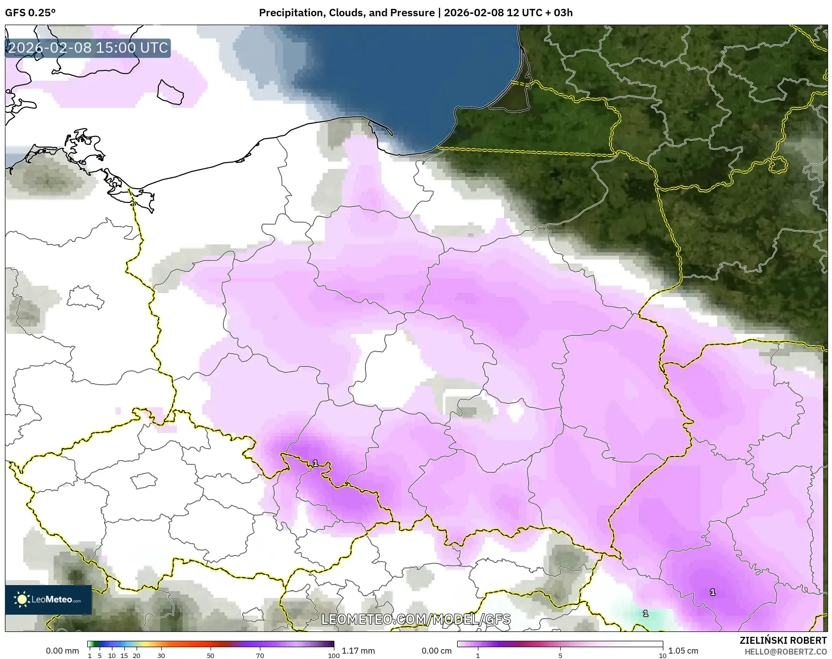 GFS model - Poland, Precipitation, Clouds, and Pressure