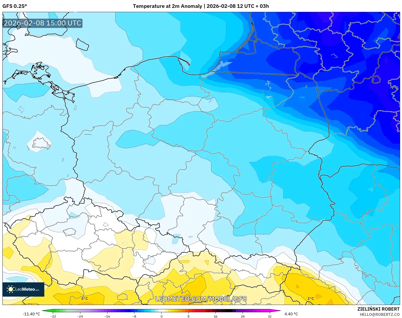 GFS model - Poland, Temperature at 2m Anomaly