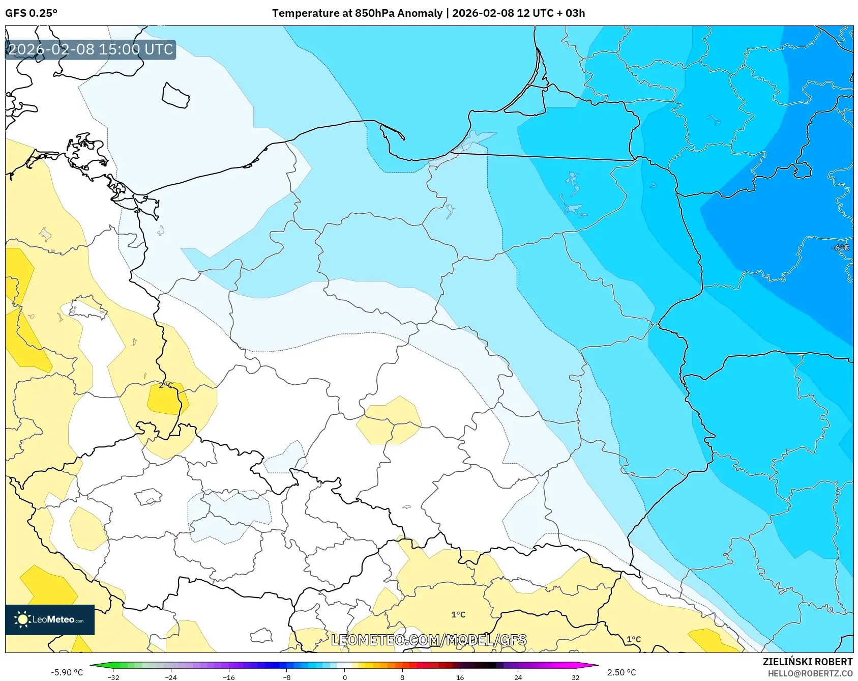 GFS model - Poland, Temperature at 850hPa Anomaly