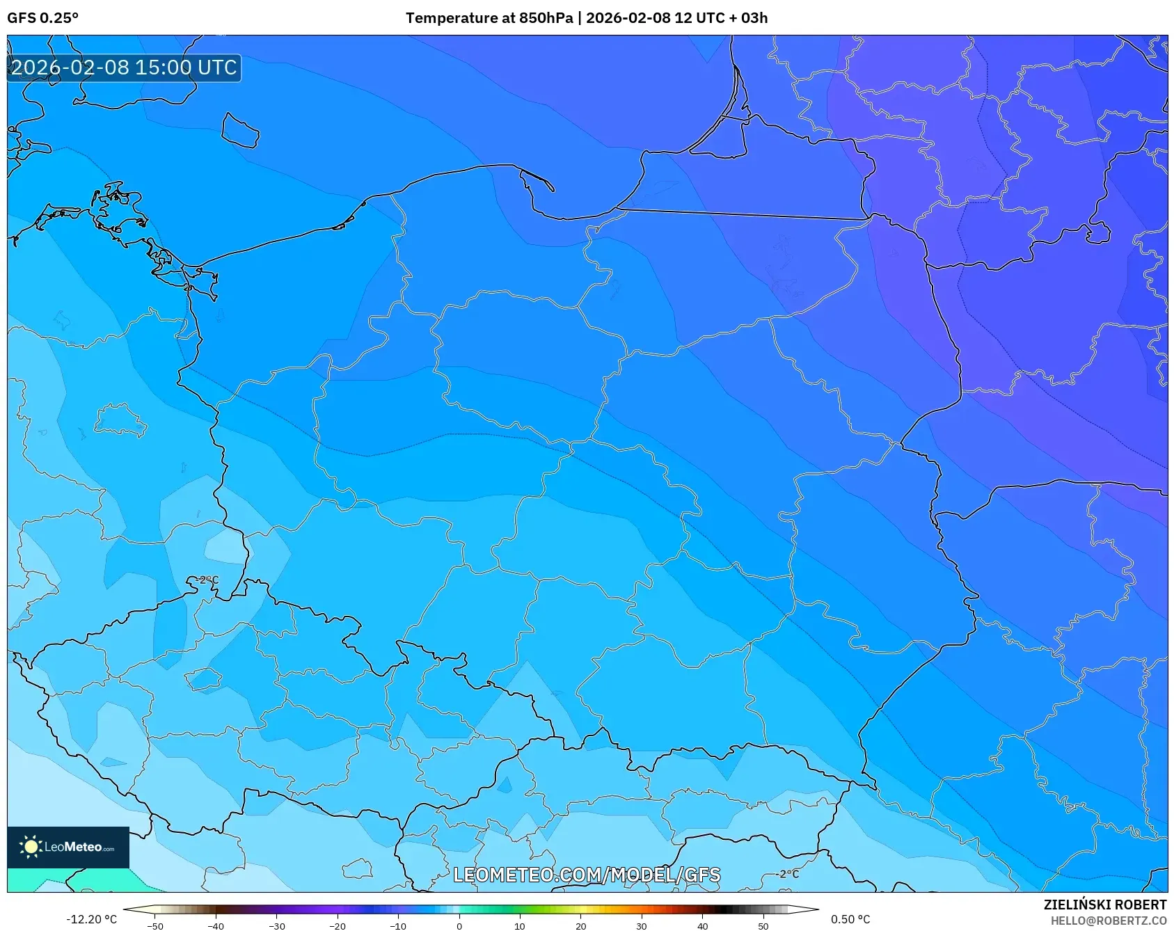 GFS model - Poland, Temperature at 850hPa