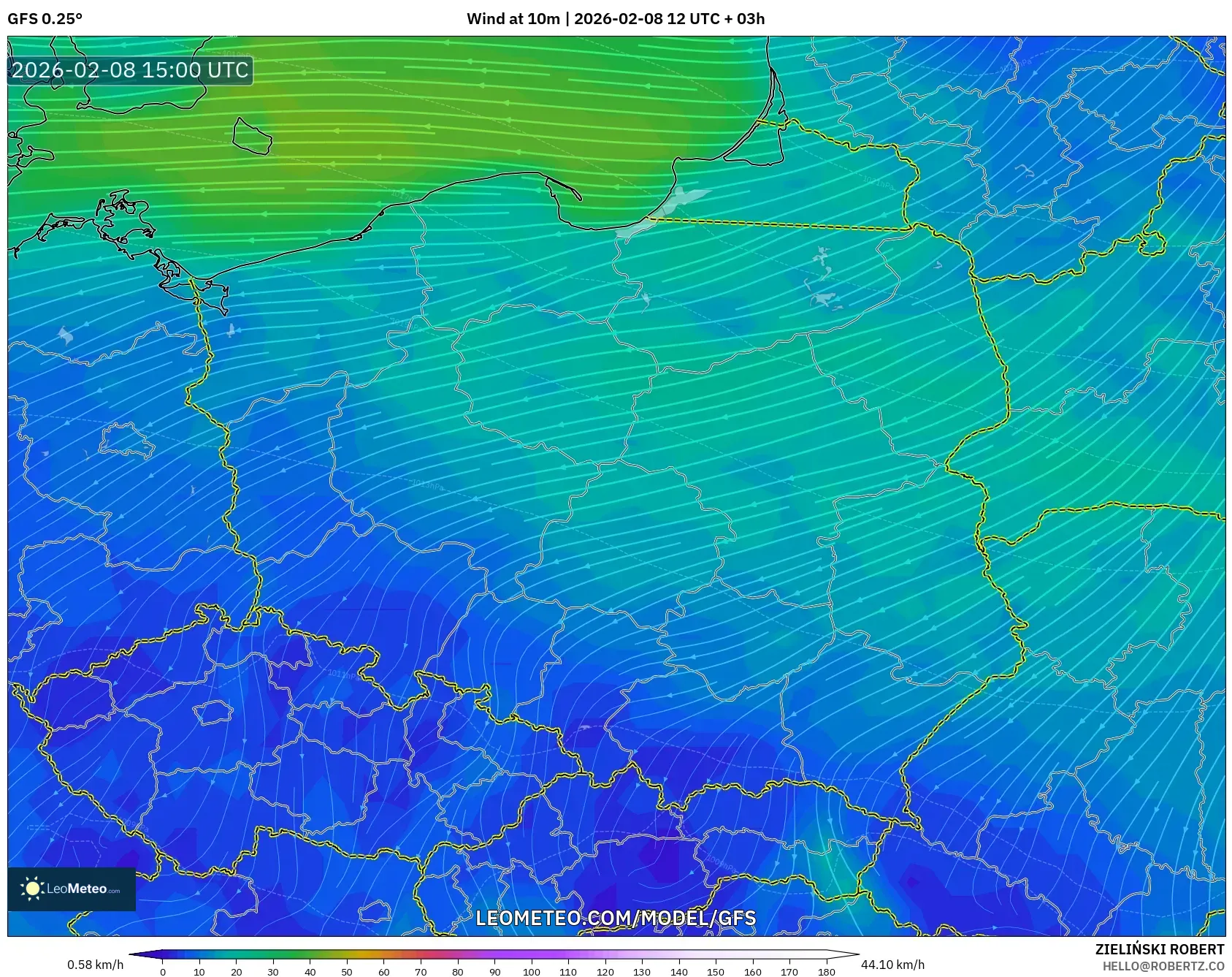 GFS model - Poland, Wind at 10m