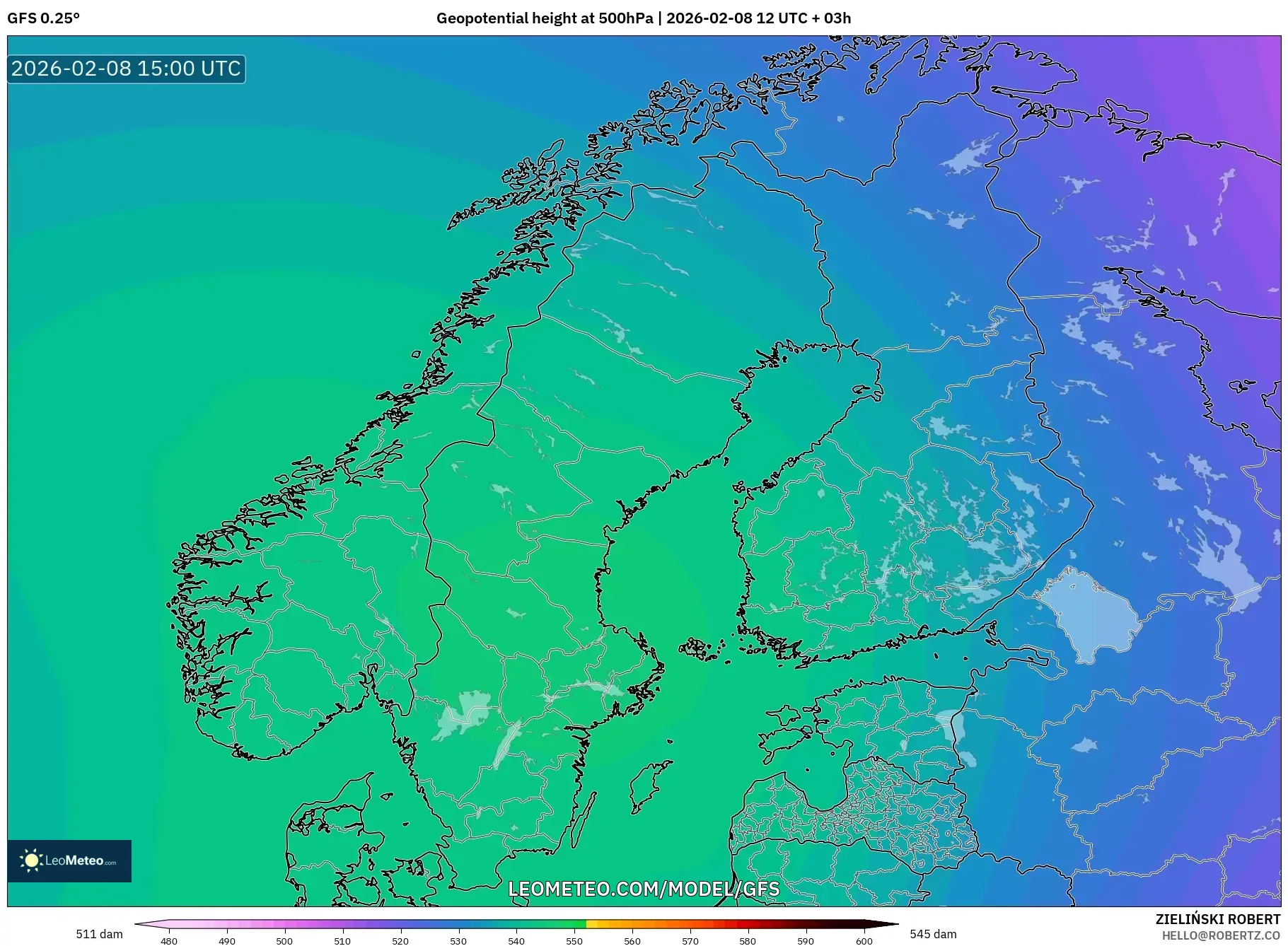 GFS model - Scandinavia, Geopotential height at 500hPa