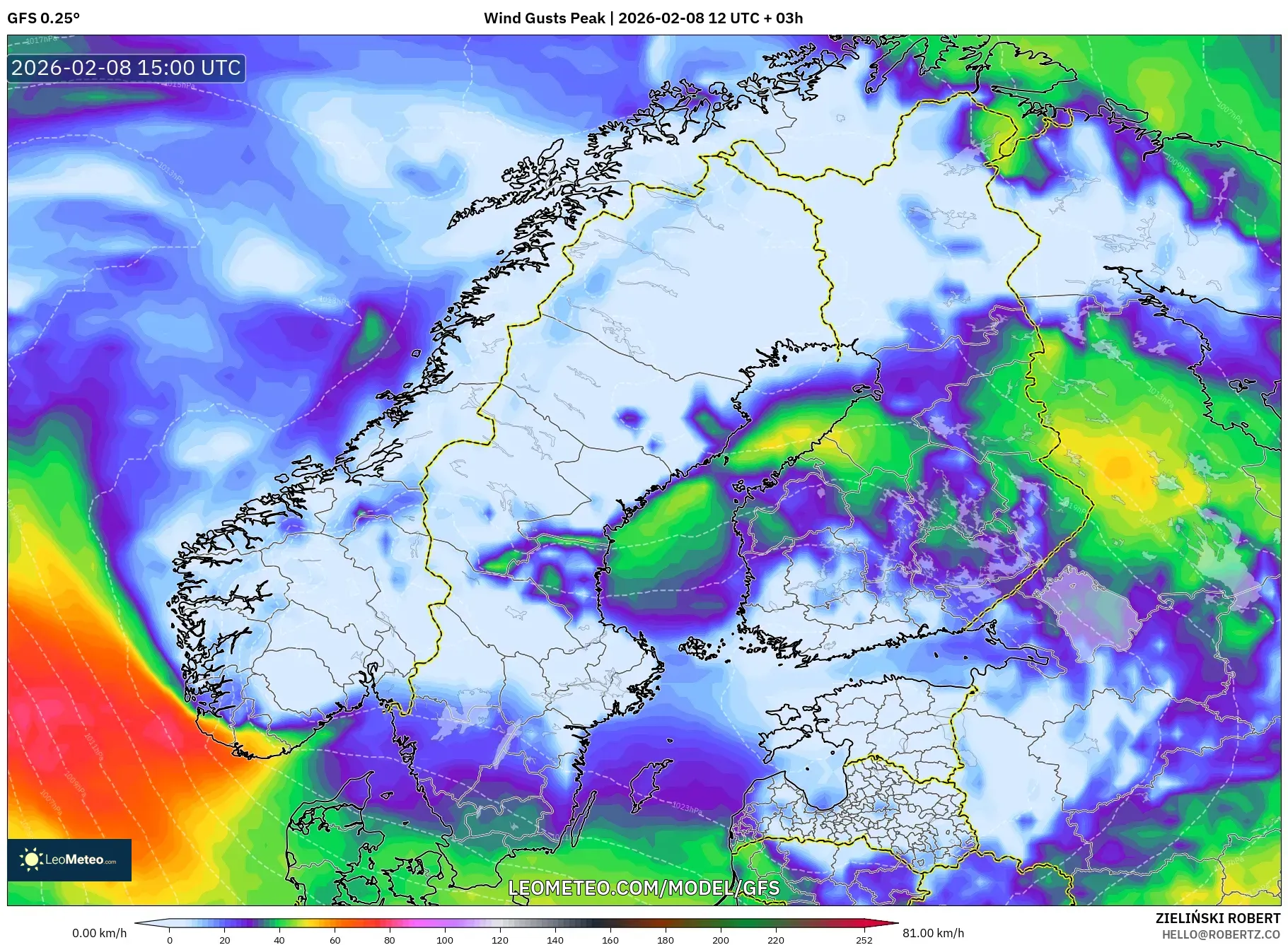 GFS model - Scandinavia, Wind Gusts Peak