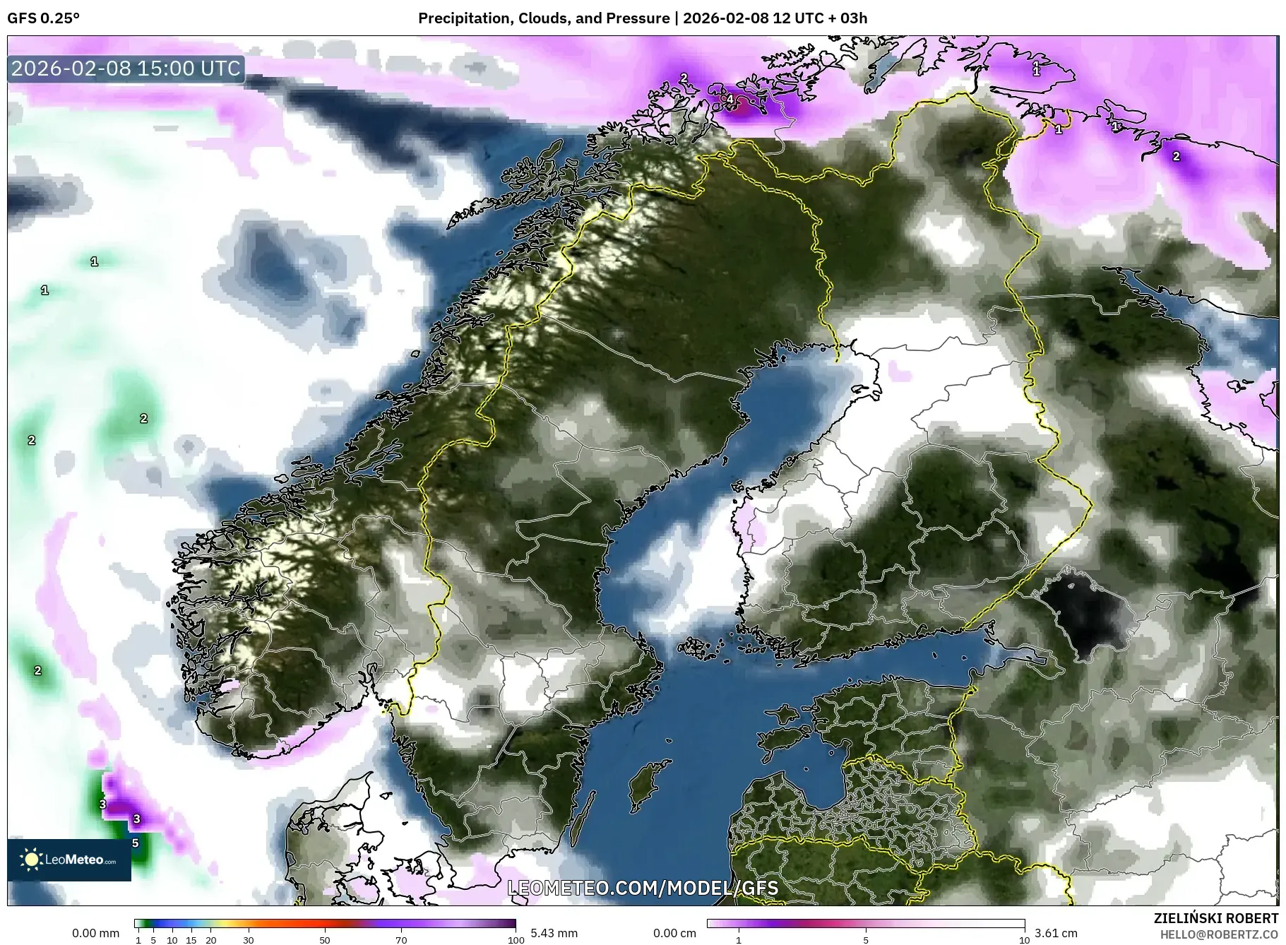 GFS model - Scandinavia, Precipitation, Clouds, and Pressure